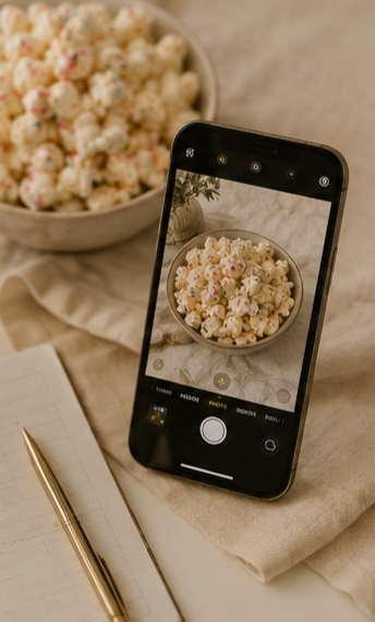 A bowl of popcorn on a beige cloth next to a smartphone taking a photo, with a notepad and pen nearby.