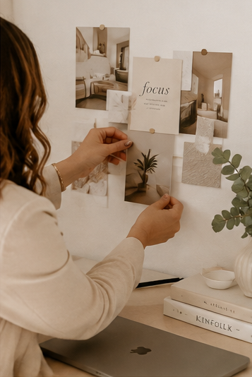 Person arranging photos and a motivational card on a wall photo board behind a desk with books and a plant.