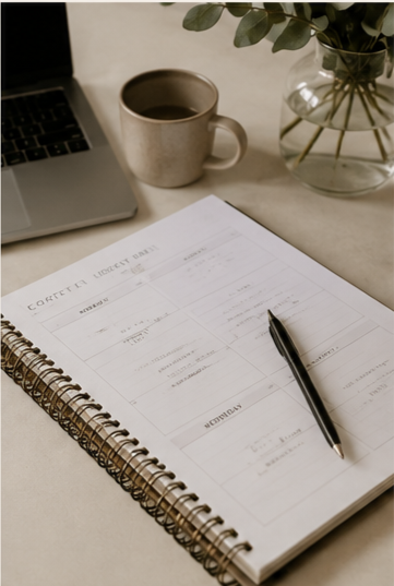 Open planner with a pen, a cup of coffee, a laptop, and a vase with green leaves on a desk.