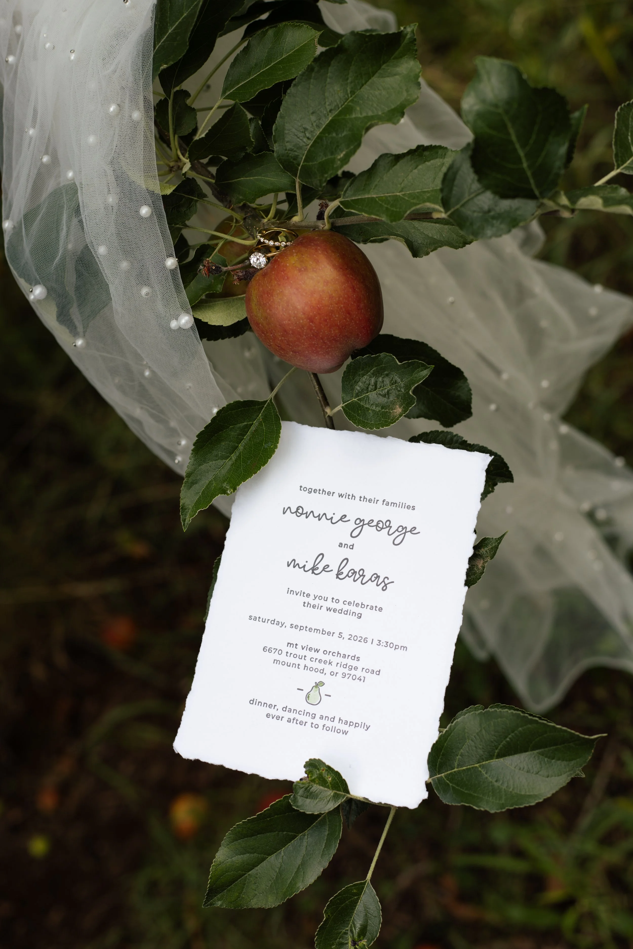 A wedding invitation card tied to an apple and green leaves on a plant, with a white sheer fabric with pearls partially visible on the left side.
