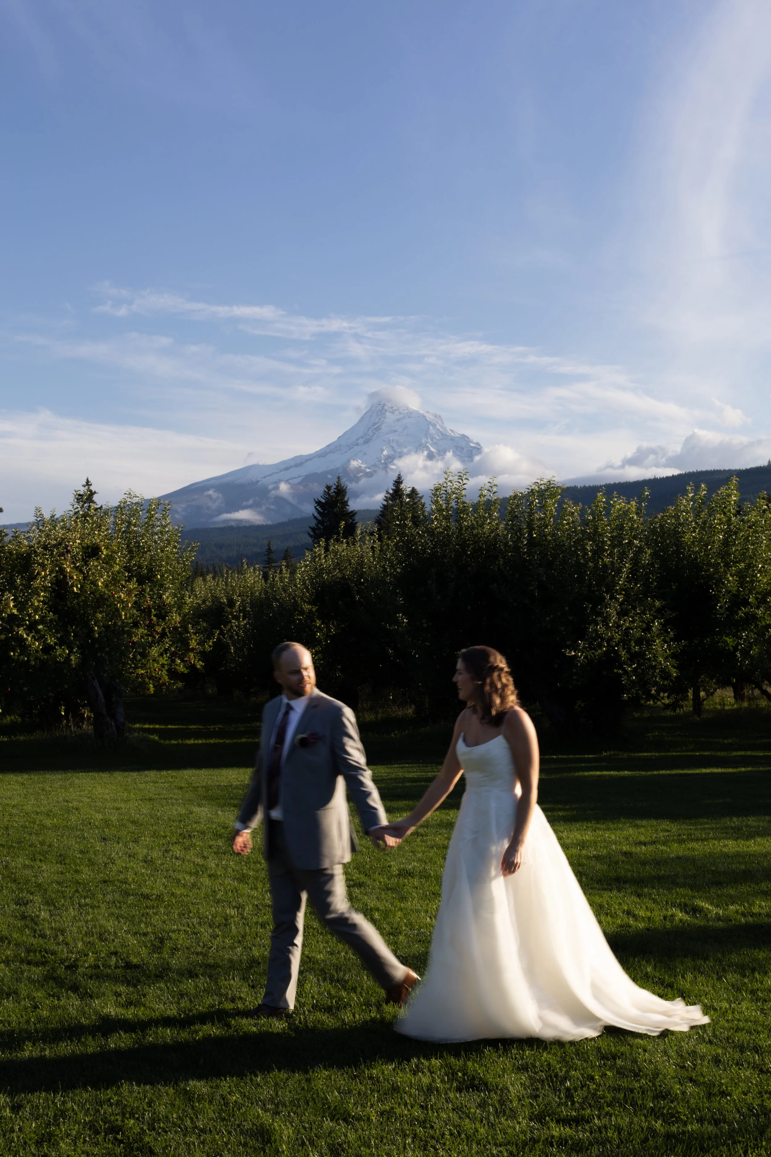A bride and groom holding hands and walking in a grassy area with a mountainous landscape and a snow-capped peak in the background during daytime.