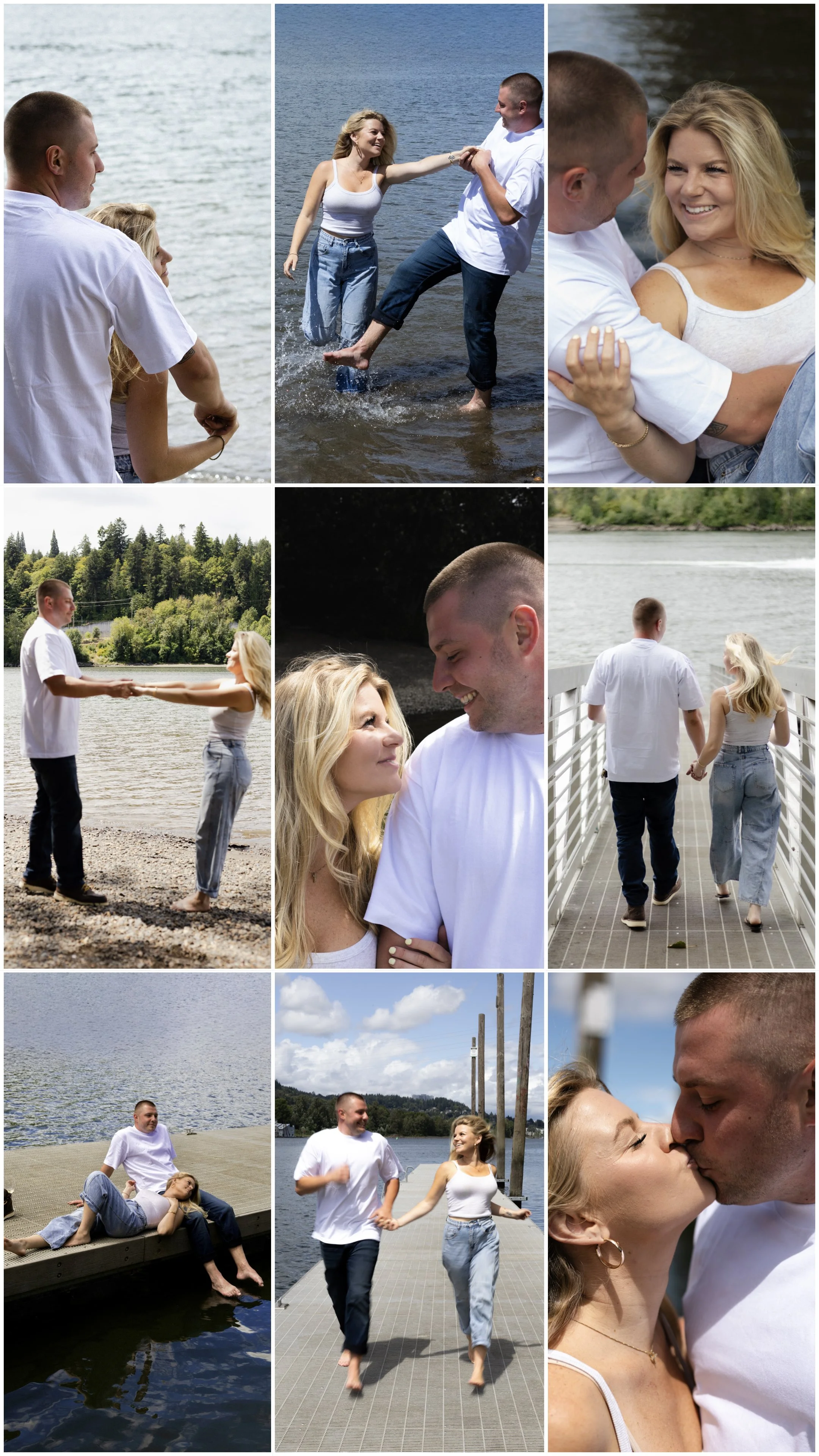 A collage of photos showing a young couple and a girl enjoying a day by the water, walking on a dock, playing and laughing near the lake, and sharing a kiss.