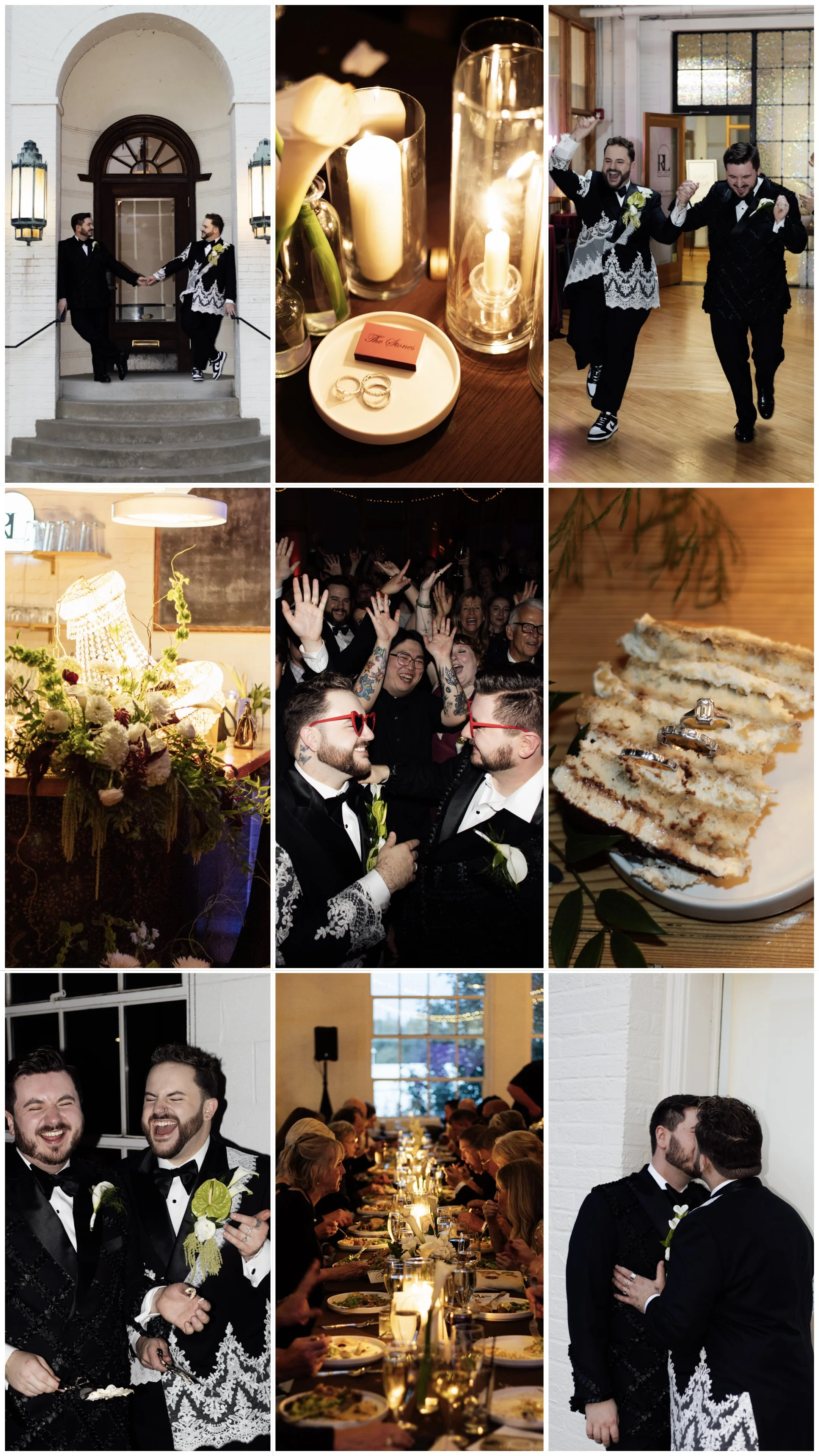 A collage of images from a wedding celebration, featuring two men in tuxedos and lace robes, wedding rings, a dance floor with dancing guests, a cake with wedding rings, a decorated floral table, and dinner guests at a reception.