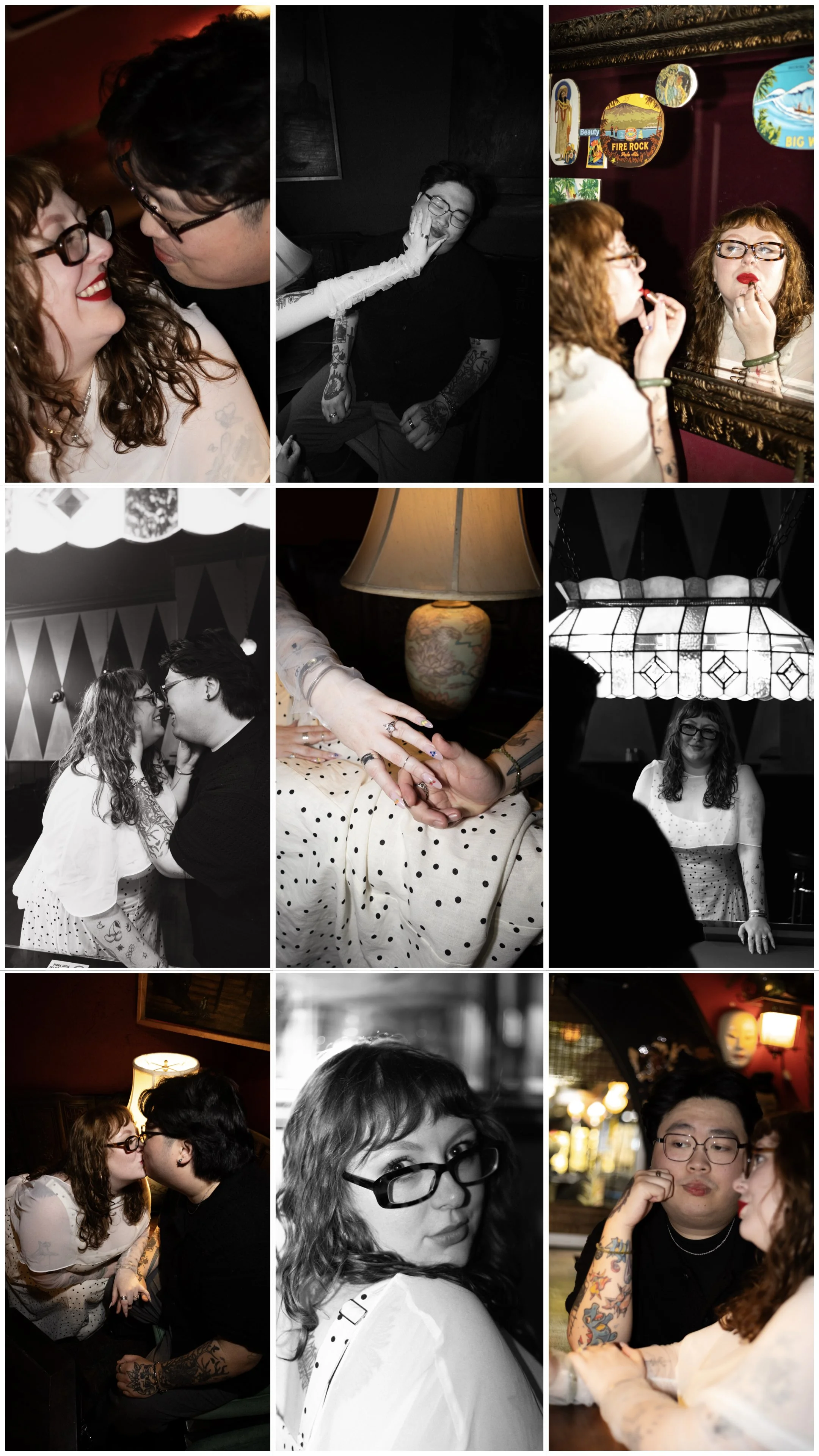 A collage of candid photos featuring a woman with curly red hair and glasses, and a man with tattoos, in various settings. Some images show them sharing intimate moments like kissing and touching, while others depict the woman getting her makeup done and posing with a mirror. The photos are in color and black-and-white, with indoor lighting and warm ambiance.