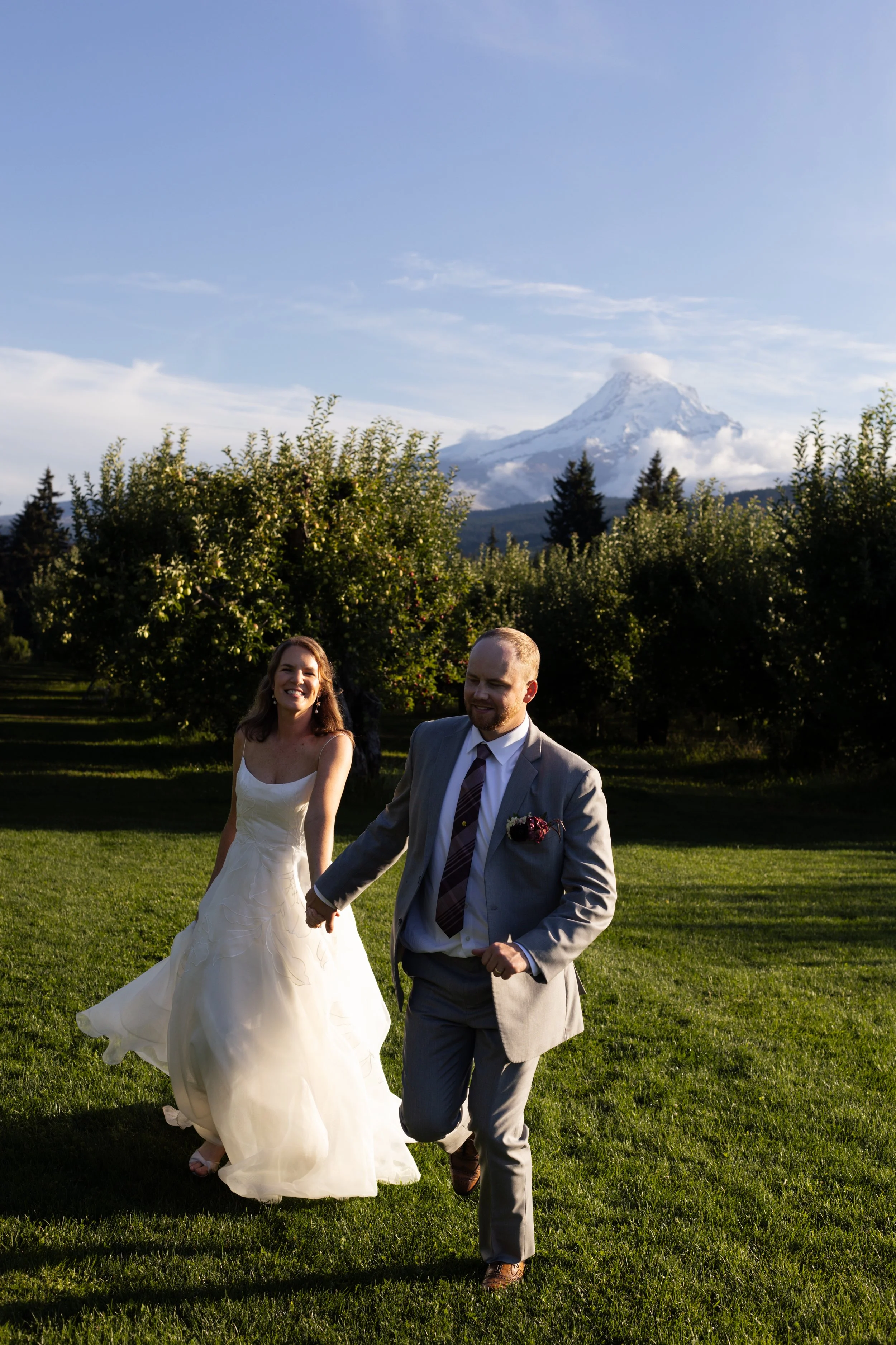 A bride and groom holding hands and walking on a grassy field doing their bridal portraits at Mt. View Orchards.  with trees and Mount Hood in the background. 