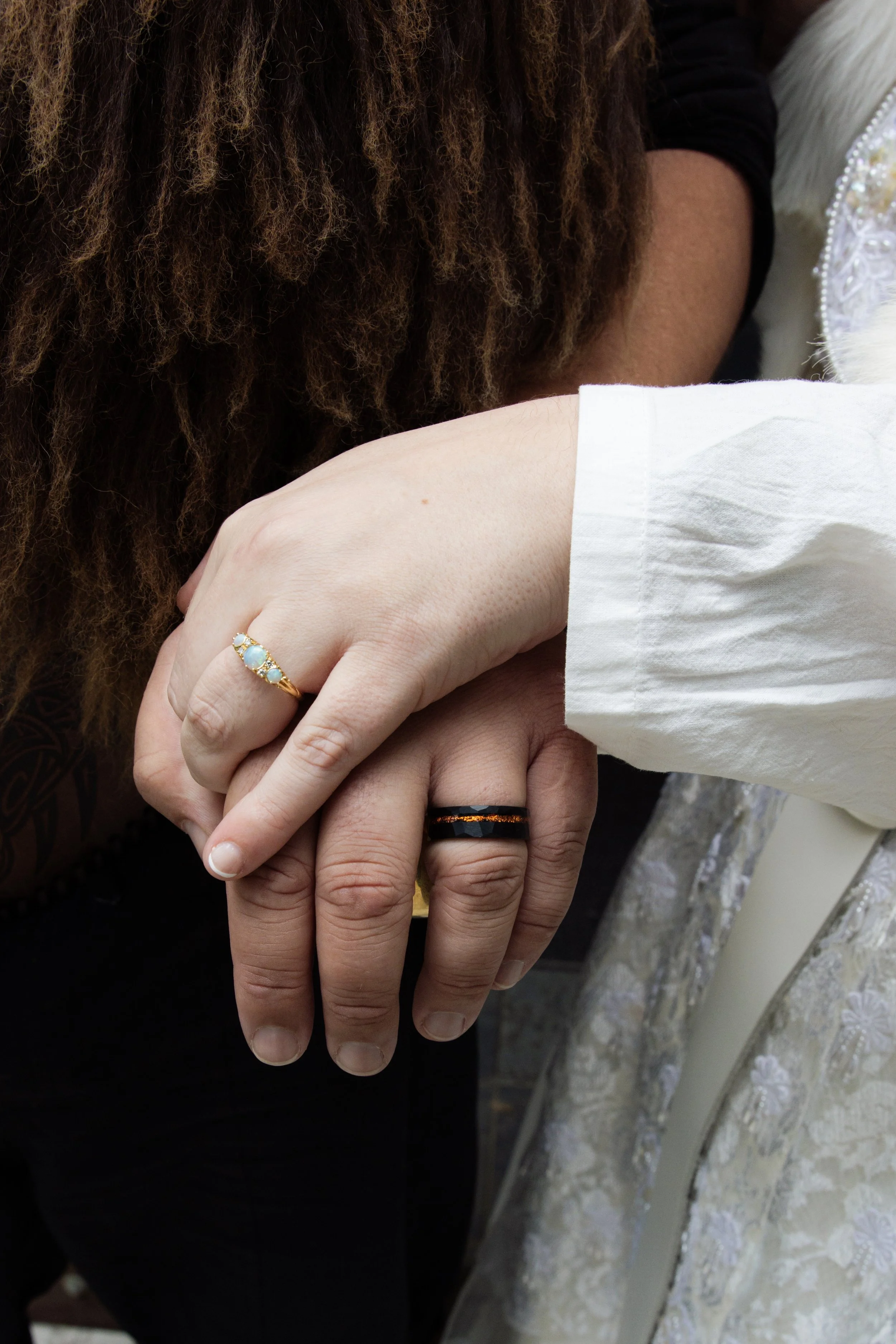 Close-up of two people holding hands, both wearing rings, with one person wearing a black top and the other in a white sweater with lace detailing.