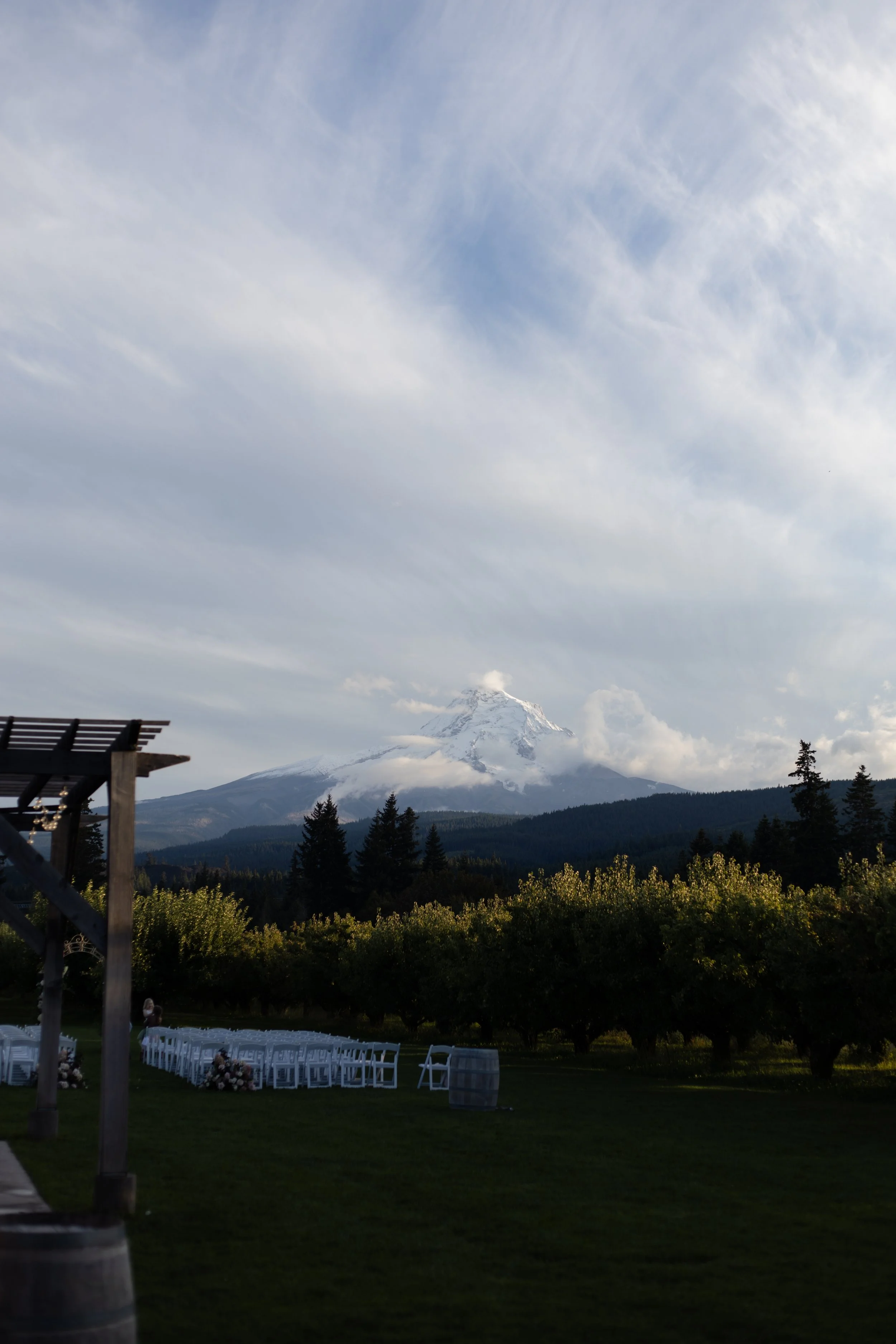 A scenic view of Mount Hood with a snow-capped peak, surrounded by lush trees and a partly cloudy sky.