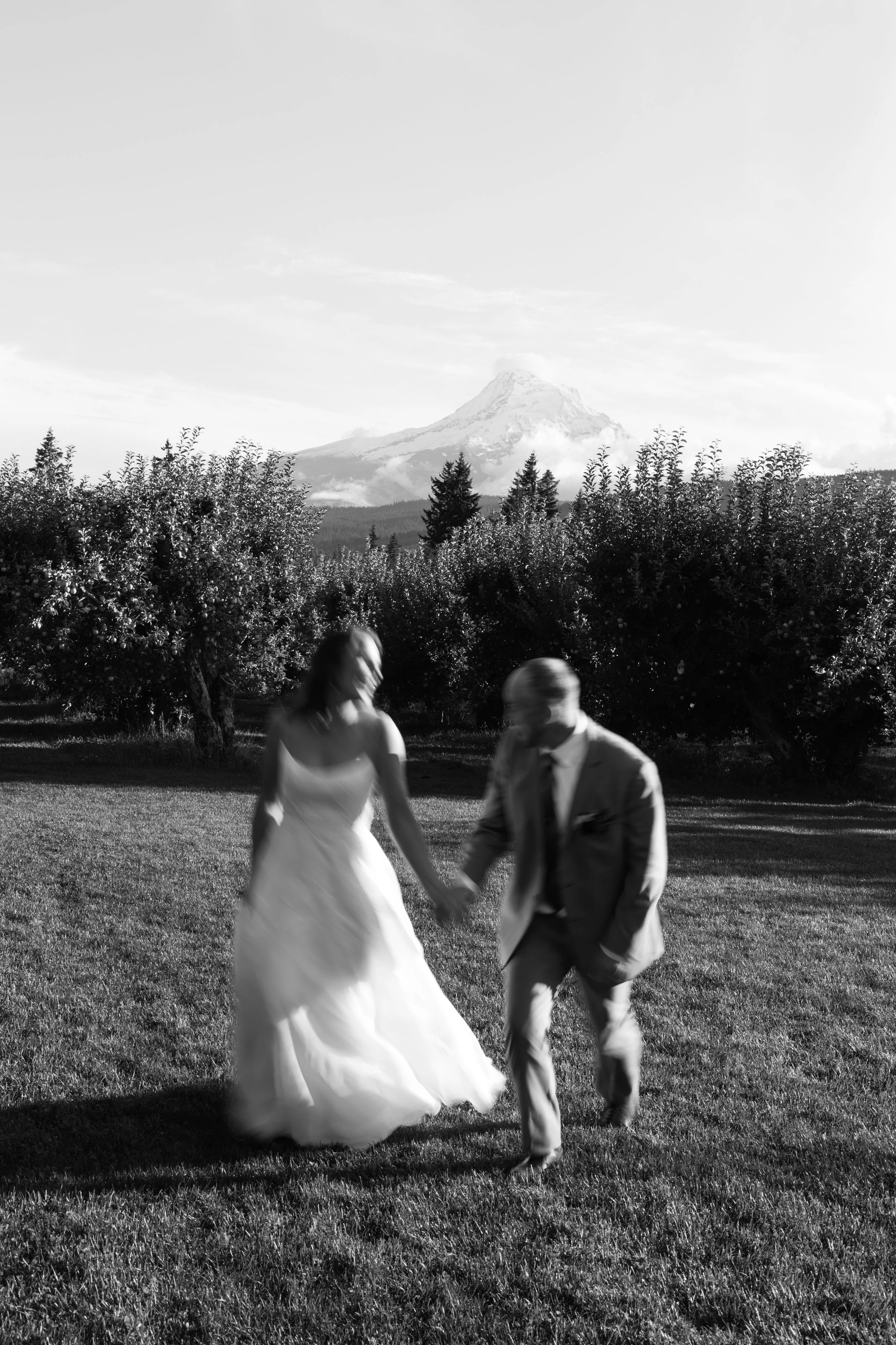 A couple holding hands and walking on grass, with a snow-capped mountain in the background.