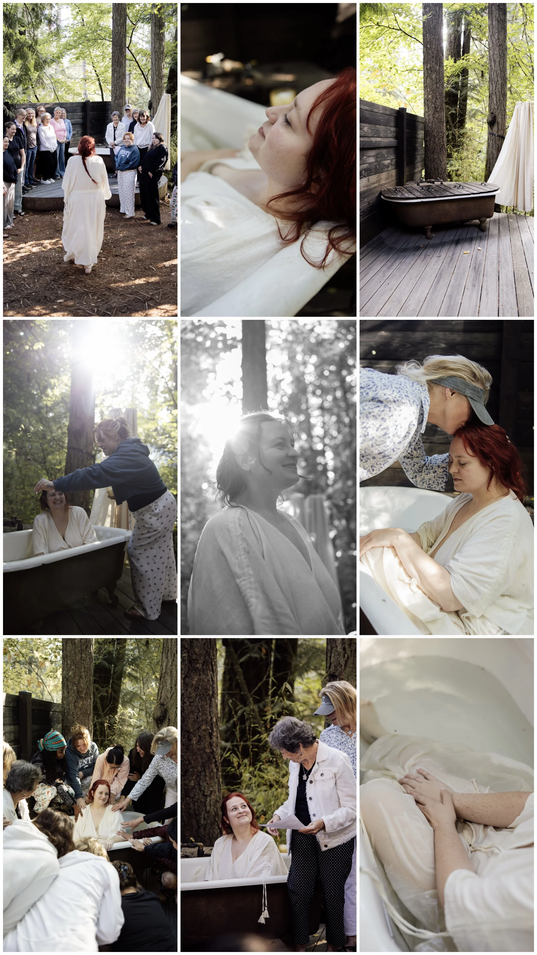 A woman getting baptized in an outdoor wooden bathtub surrounded by people during the daytime in a wooded area.