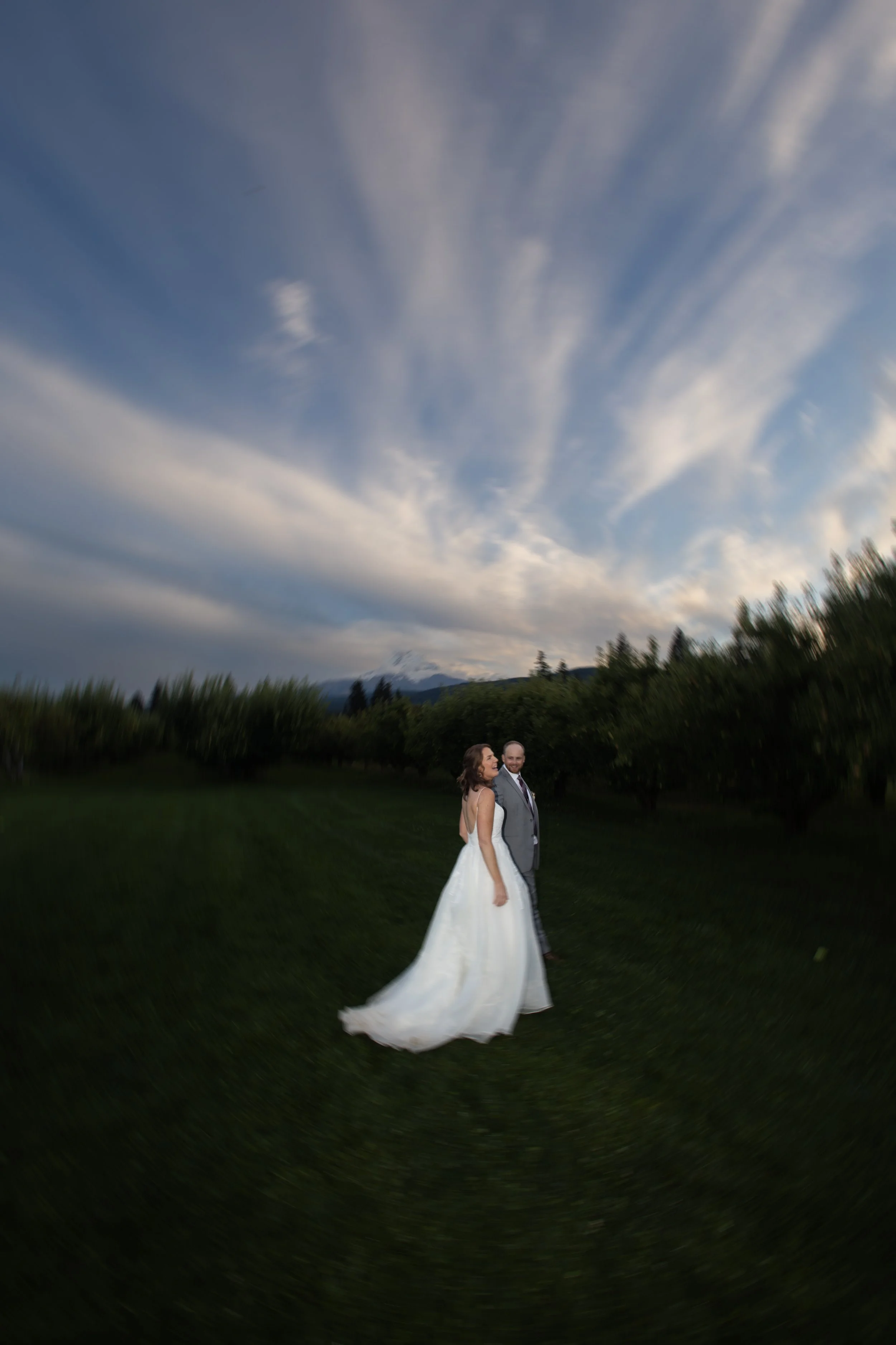 A bride and groom standing outdoors on grass, with a sky of clouds overhead and trees in the background, during a wedding.