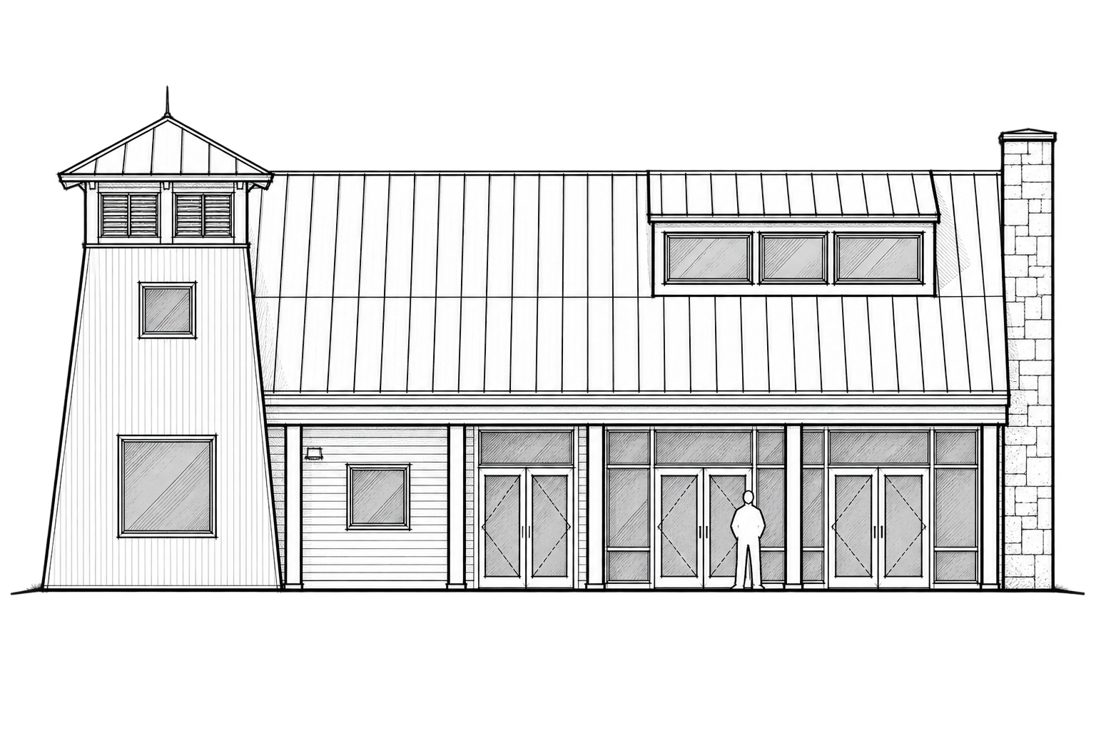Architect's elevation drawing of the Field House, showing a tower, sloped roof, and south entrance.