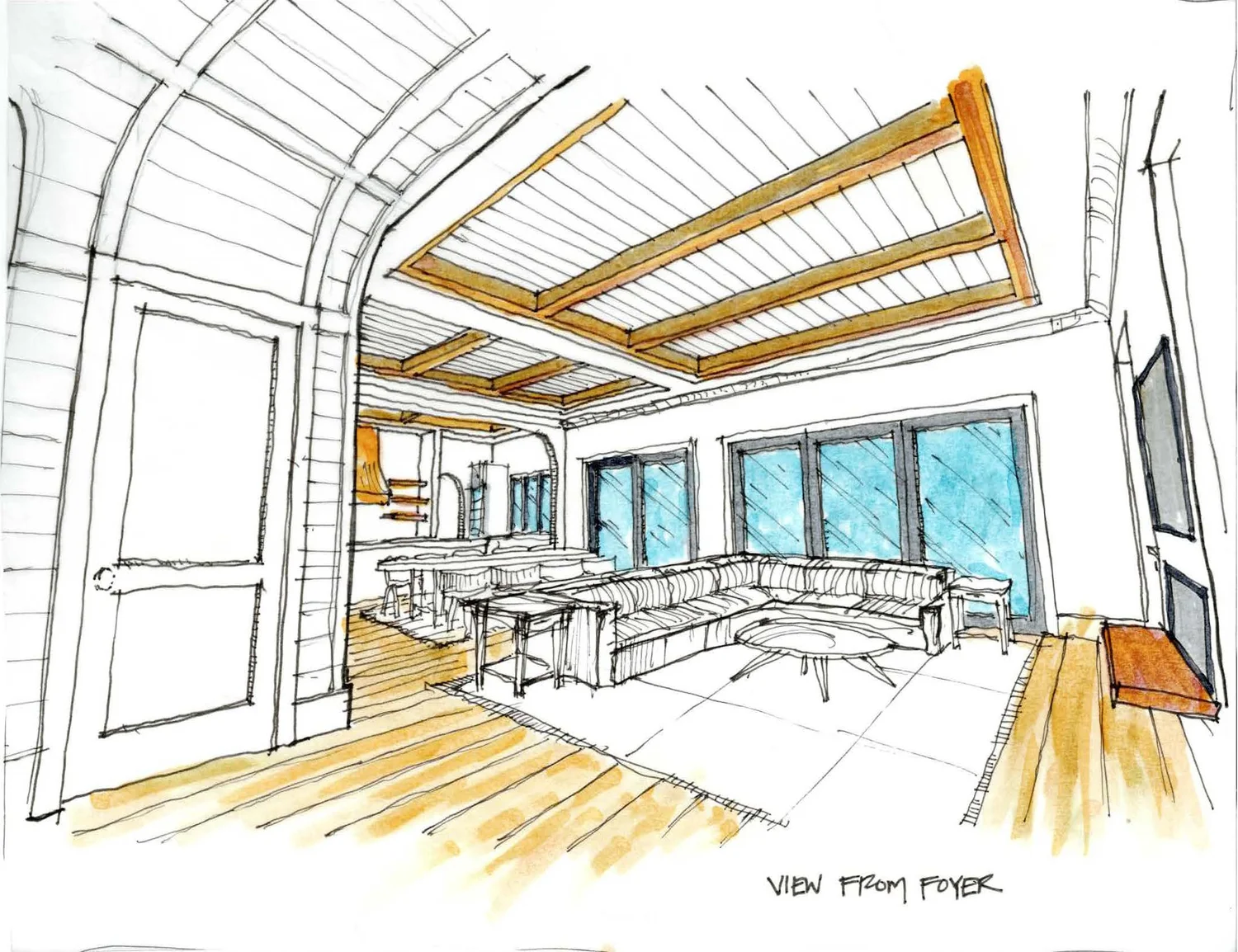 Design sketch of the family room with beamed ceilings and large windows, viewed from the foyer