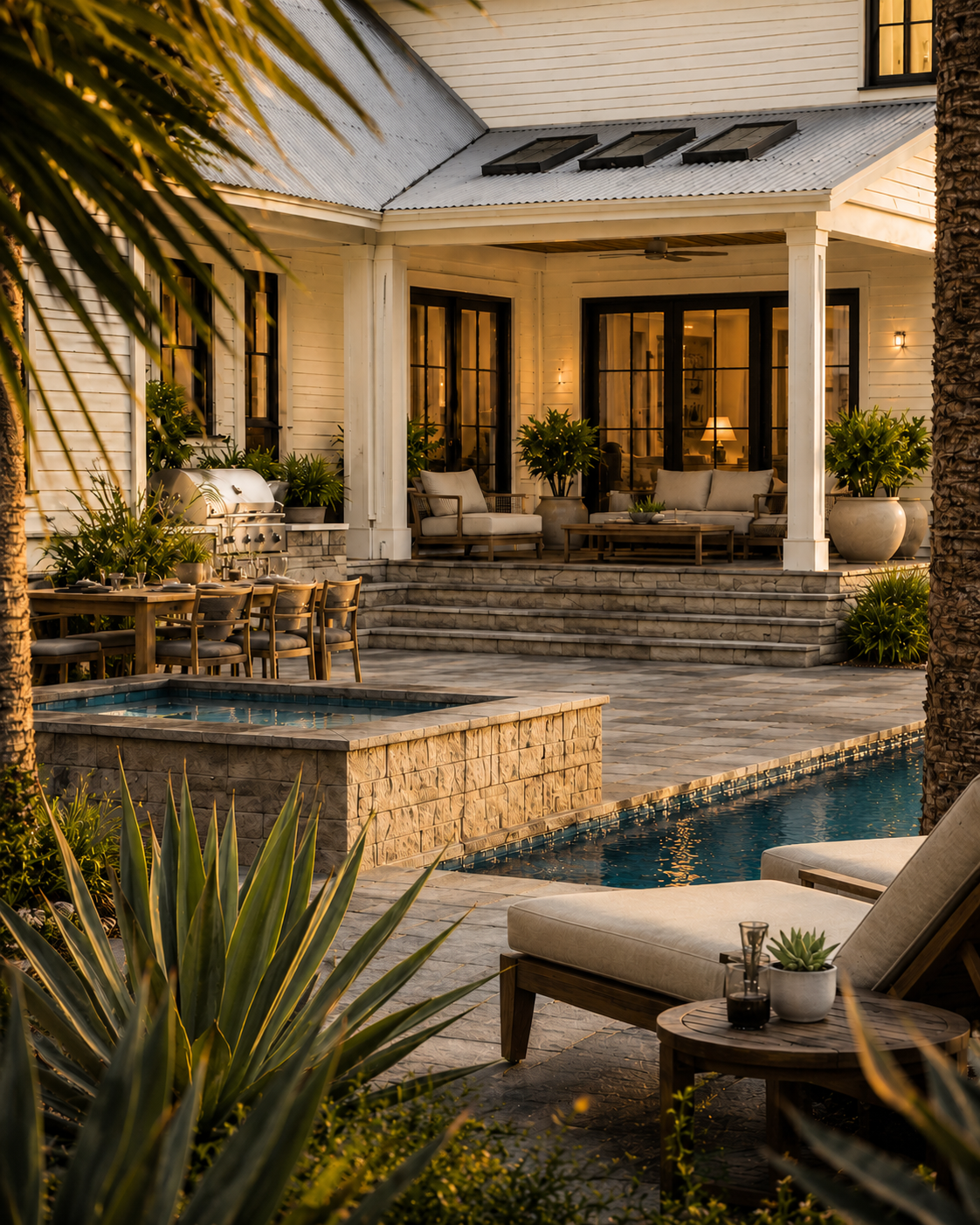 Luxury backyard with a swimming pool, lounge chairs, outdoor dining area, potted plants, a patio with steps, and a house with large windows and outdoor furniture, illuminated by warm lighting at sunset.
