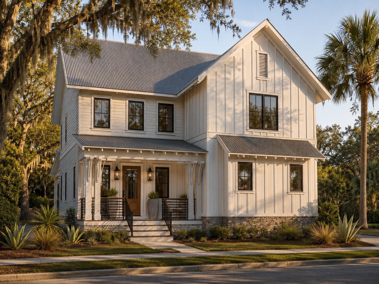 A modern two-story house with white vertical siding and black window frames, a sloped metal roof, front porch with stairs, and landscaped yard with succulents and palm trees, during golden hour sunlight.