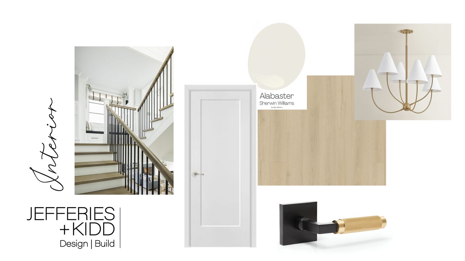 Interior design board with Sherwin-Williams Alabaster paint, light oak flooring, a white panel door, black and brass door hardware and a brass chandelier