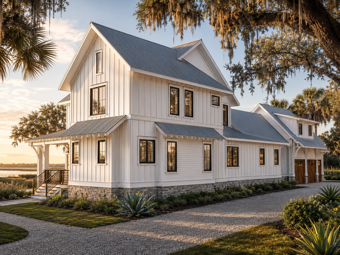 A large modern white house with black window frames and a gray metal roof, set on a landscaped yard with a gravel driveway, near a body of water at sunset.