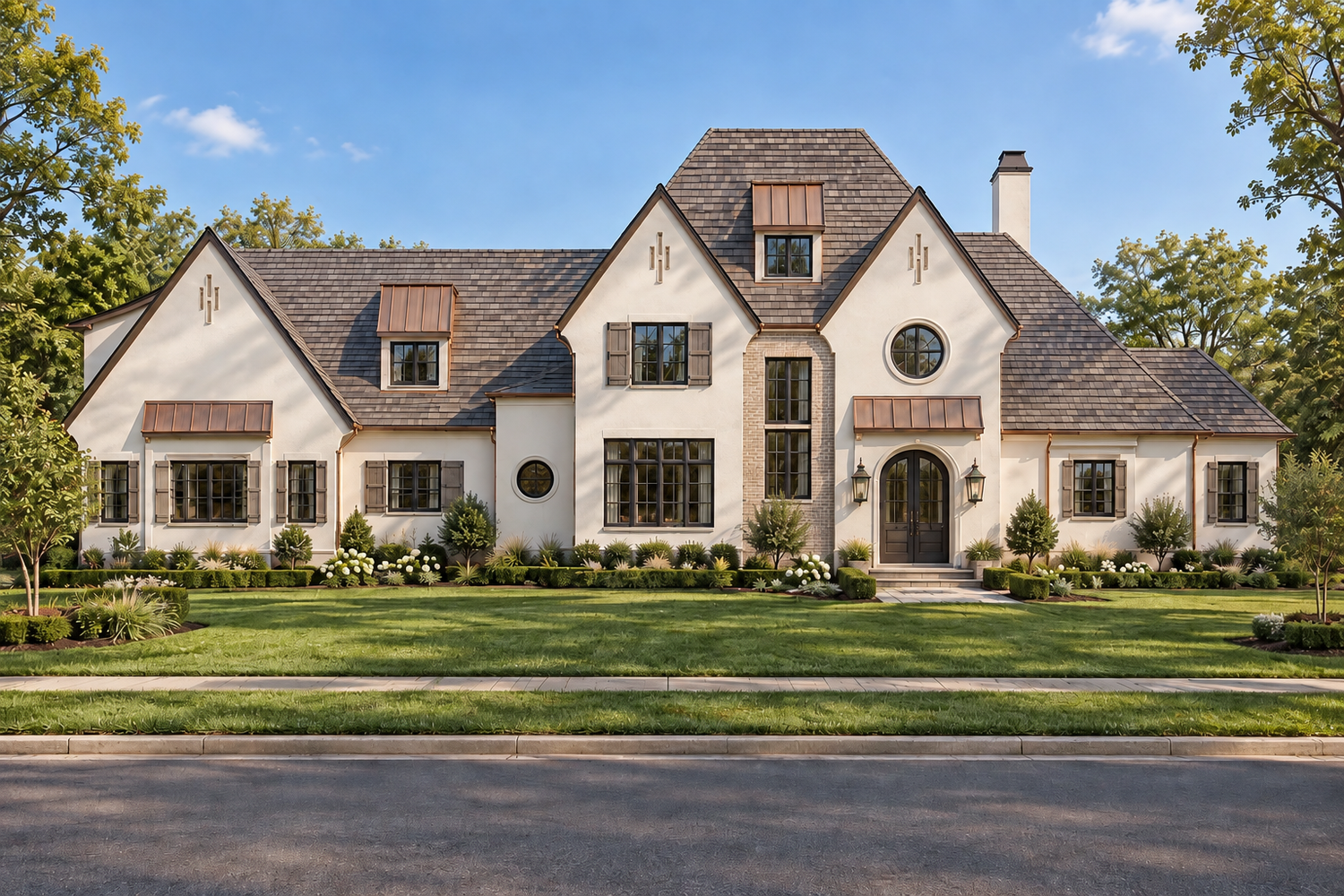 Rendering of the front of a coastal French country home in Wilmington, NC, with steep gables and an arched front door