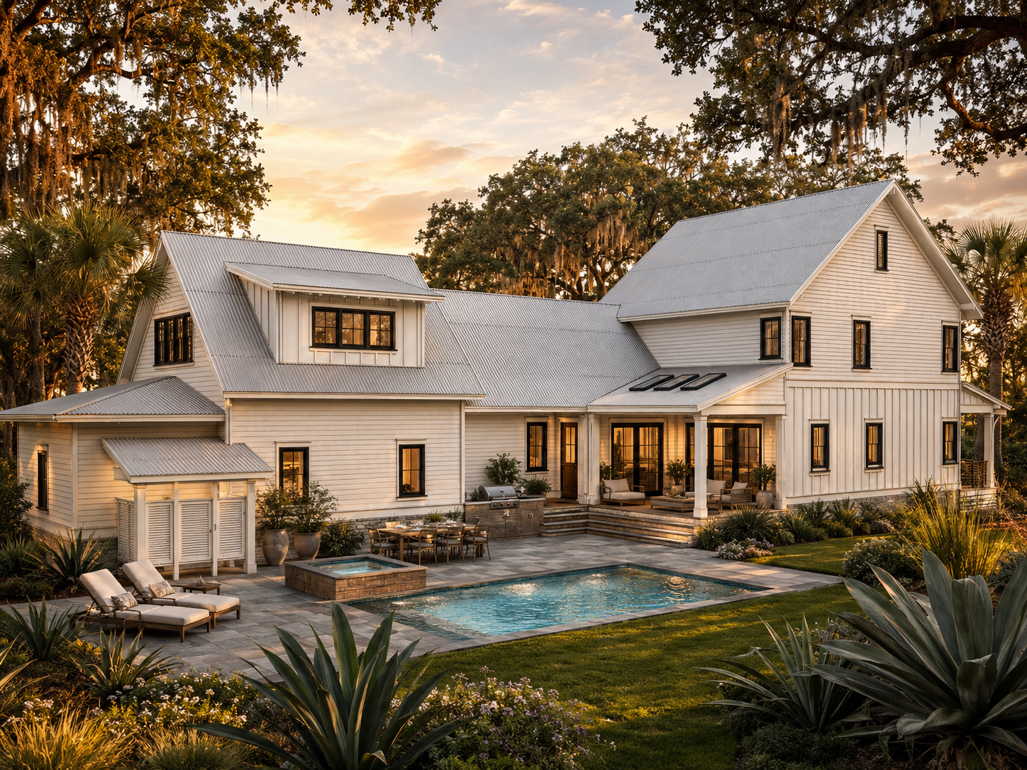 A large white house with a metal roof and multiple windows, surrounded by lush greenery, with a pool and outdoor seating area in the backyard during sunset.