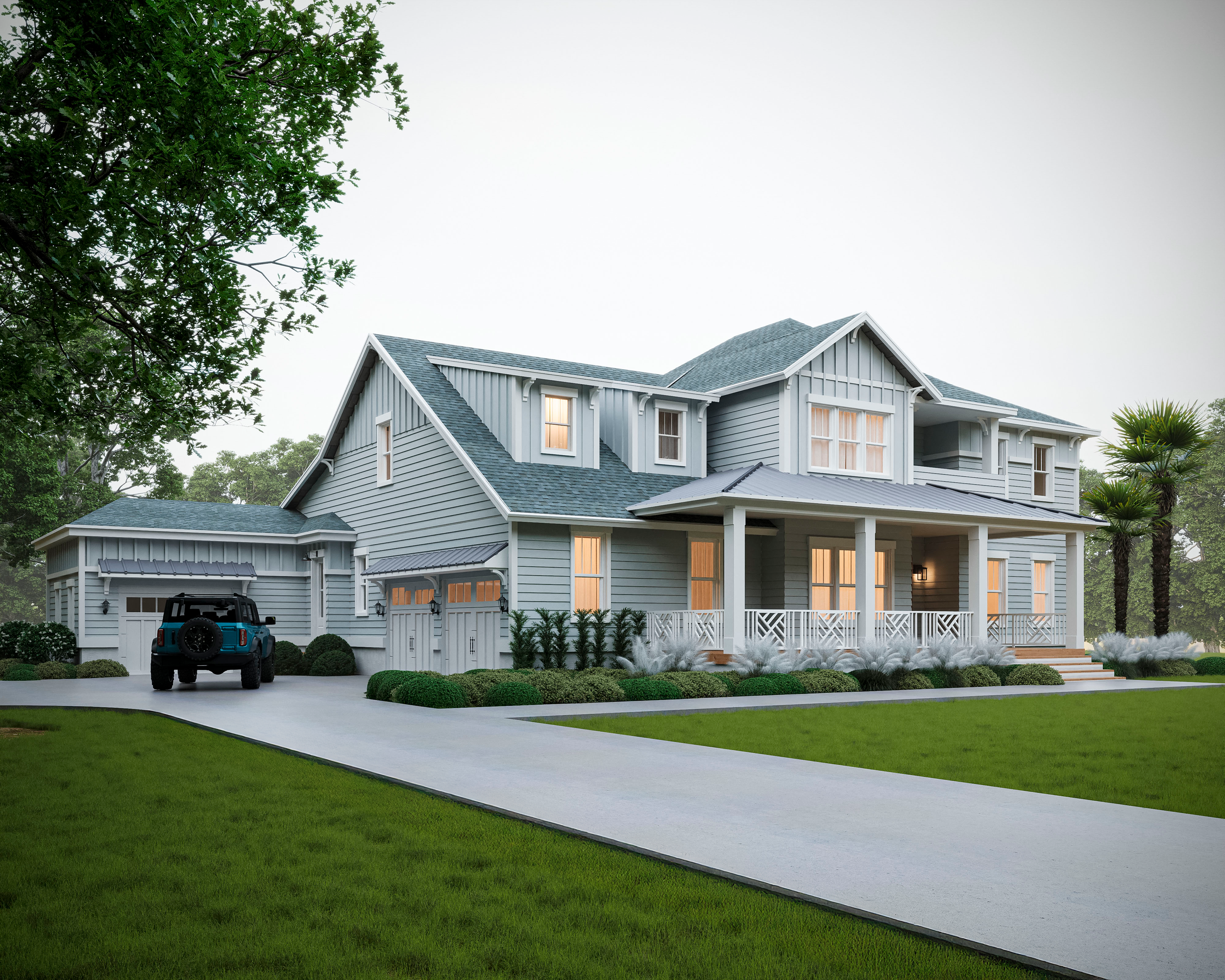 A modern, two-story house with gray siding, a gabled roof, and lit windows, surrounded by green lawn and trees, with a driveway and a parked blue vehicle.