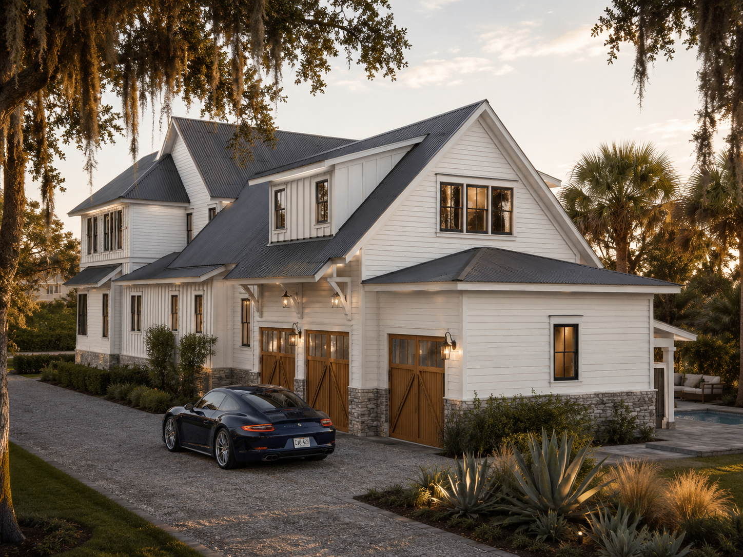 A modern white house with a dark roof, garage doors, and a black sports car parked in front, with trees and palm trees nearby, at sunset.