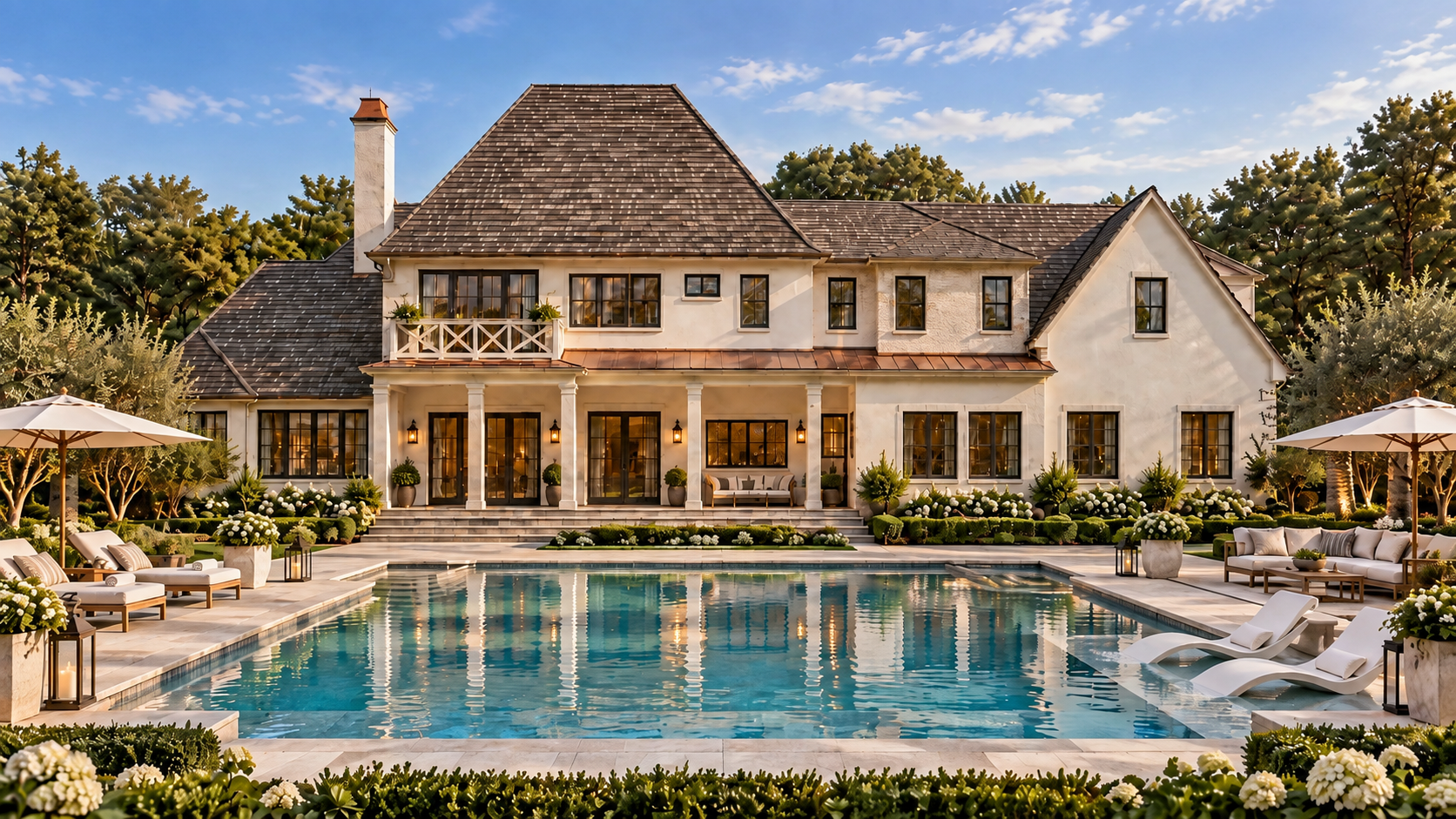 Rendering of the backyard pool, lounge areas and covered porch of a coastal French country home in Wilmington, NC, by Jefferies + Kidd