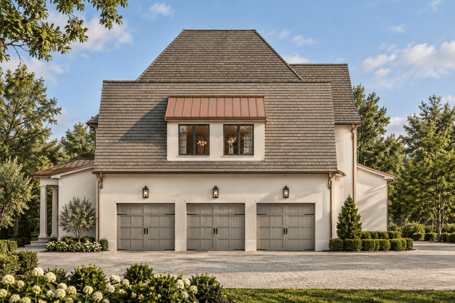 Rendering of the three-car garage with carriage-style doors and a copper-roofed dormer