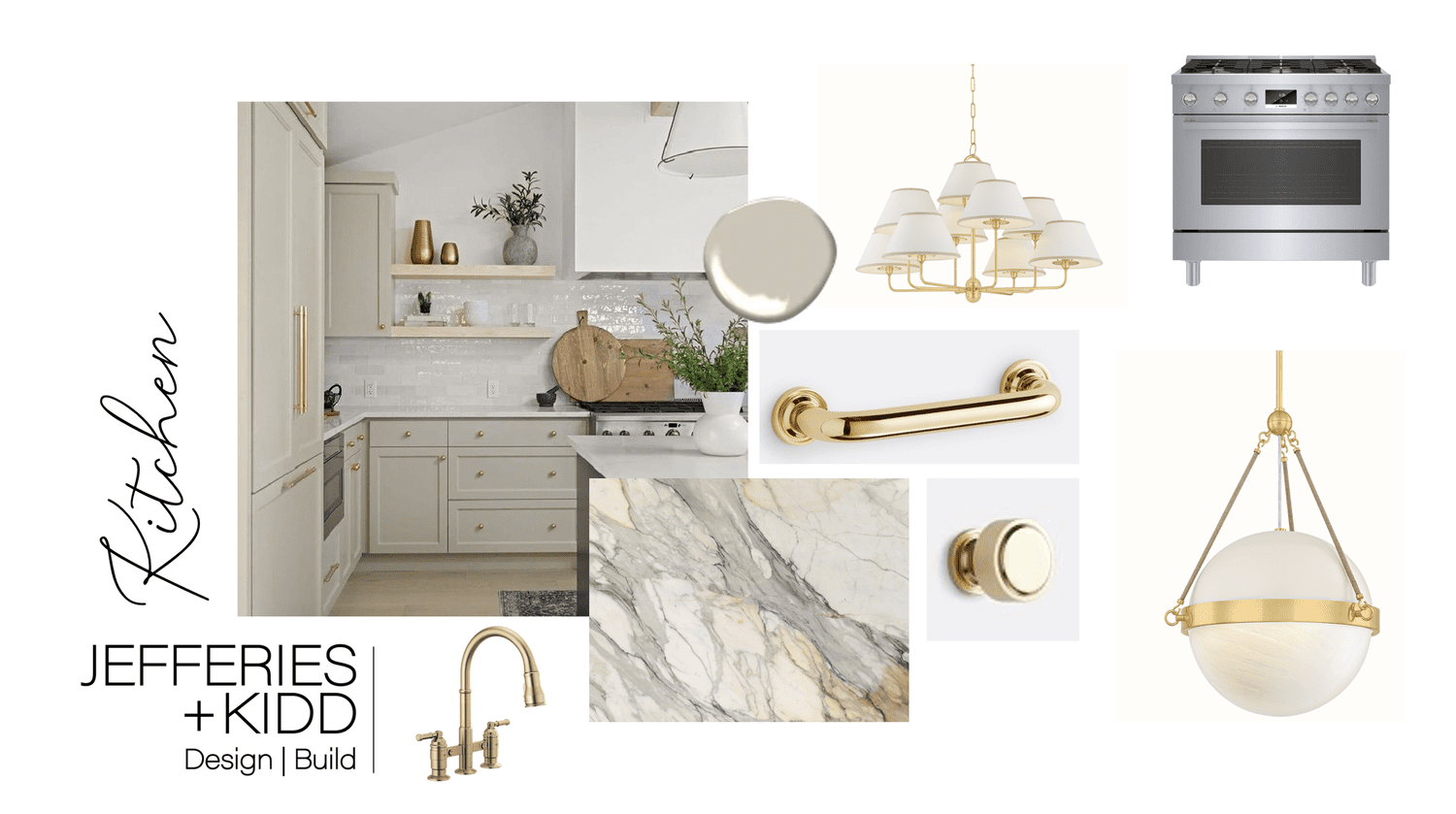 Kitchen design board with marble-look stone, polished brass hardware, a stainless range and brass light fixtures