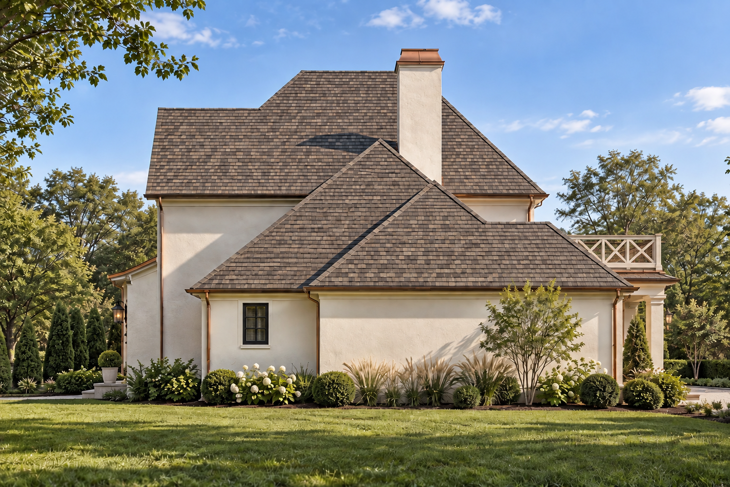 Rendering of the side of the French country home with a chimney and second-floor balcony