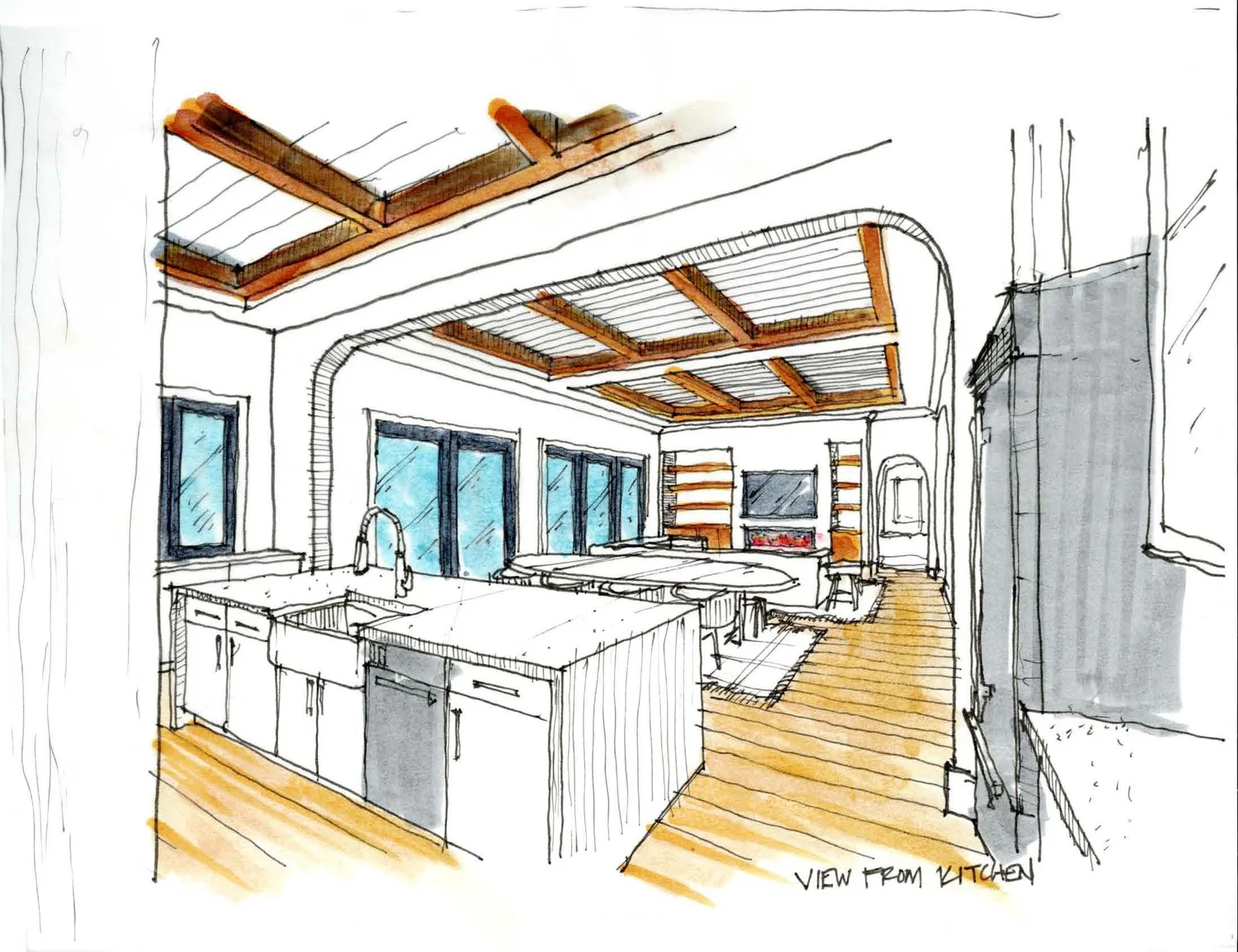 Design sketch of the open kitchen and family room with beamed ceilings, viewed from the kitchen