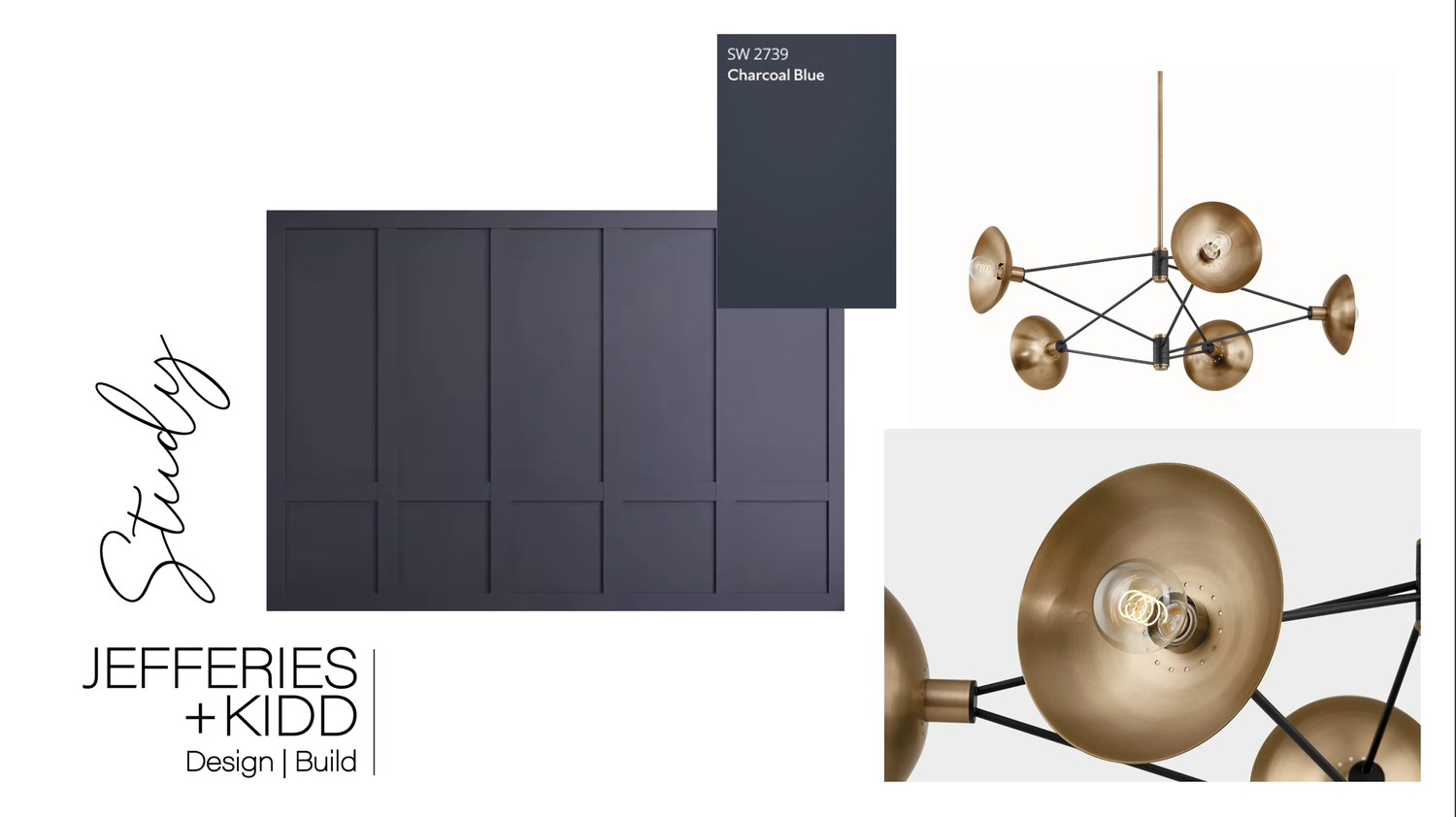 Study design board with dark paneled walls and a brass chandelier