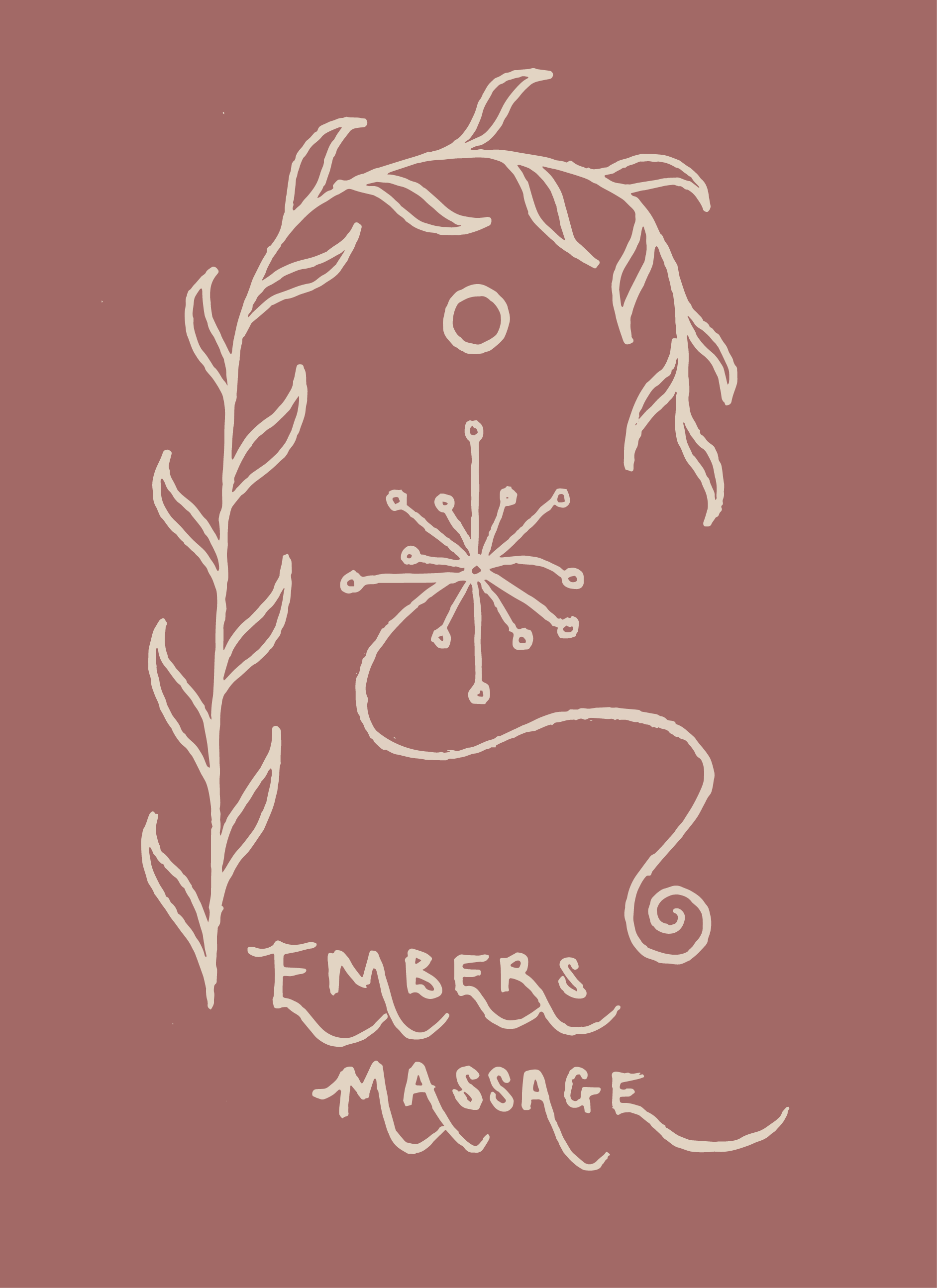 Stylised illustration of botanical elements and text reading 'Embers Massage' on a muted blush-pink background.