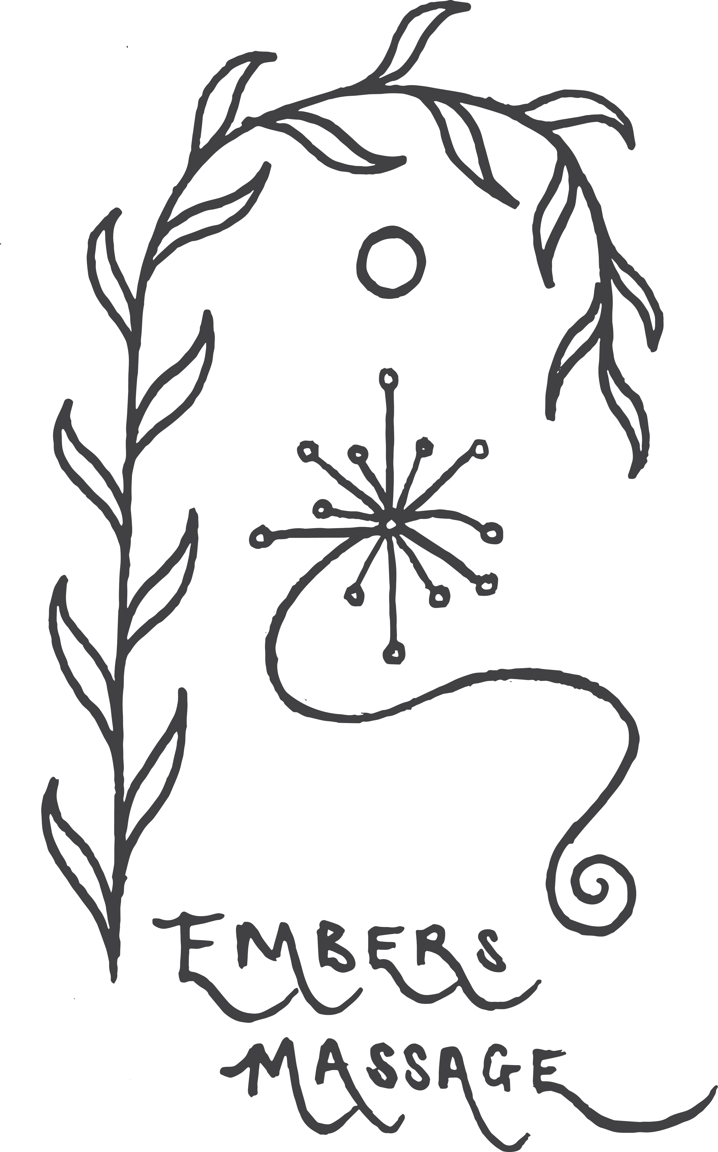 Hand-drawn logo for a massage business with a moon, willow leaves, and the words "Embers Massage".