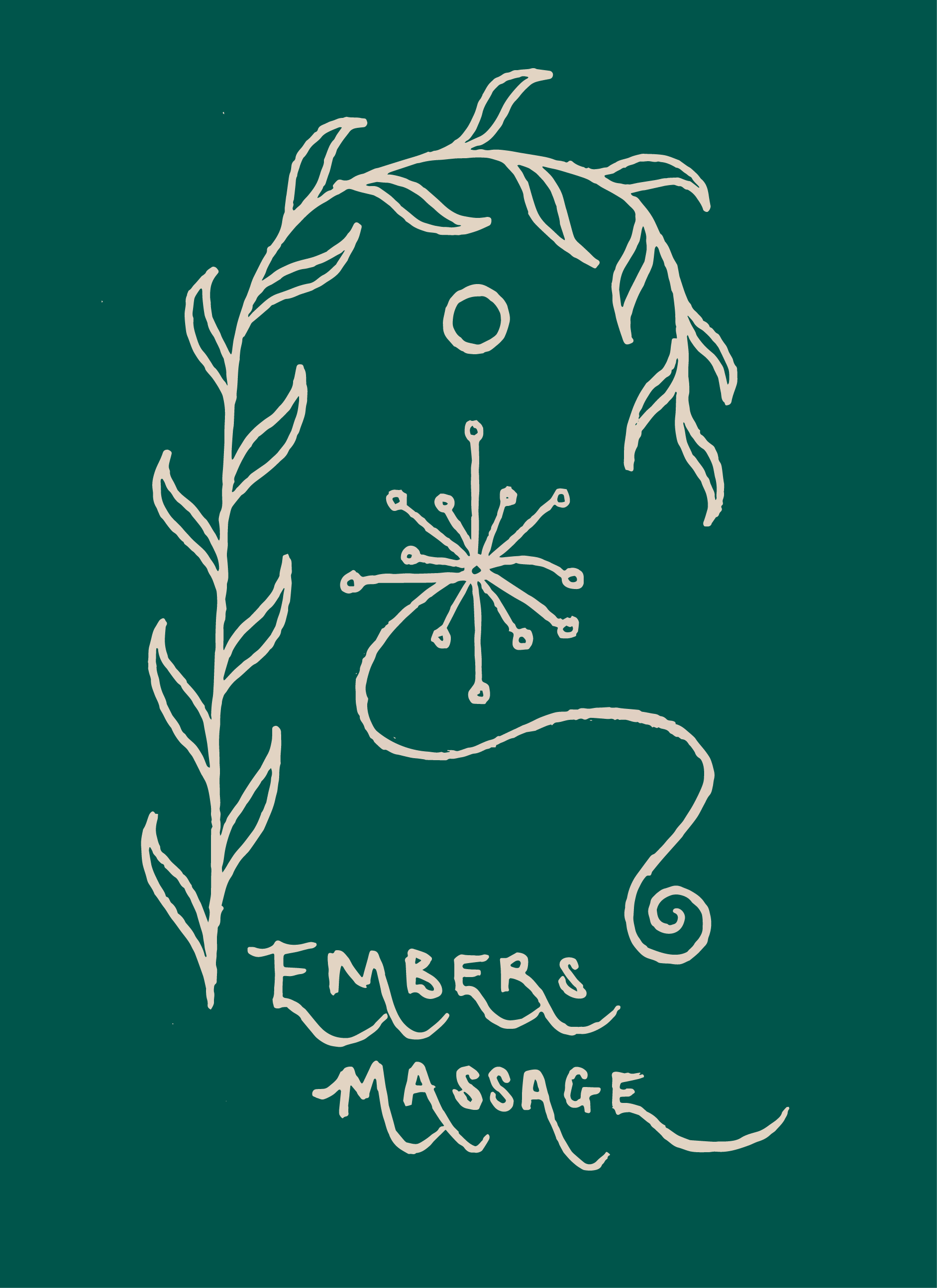 Illustration of a willow branch, an ember and a moon with the words "Embers Massage" in a handwritten style.