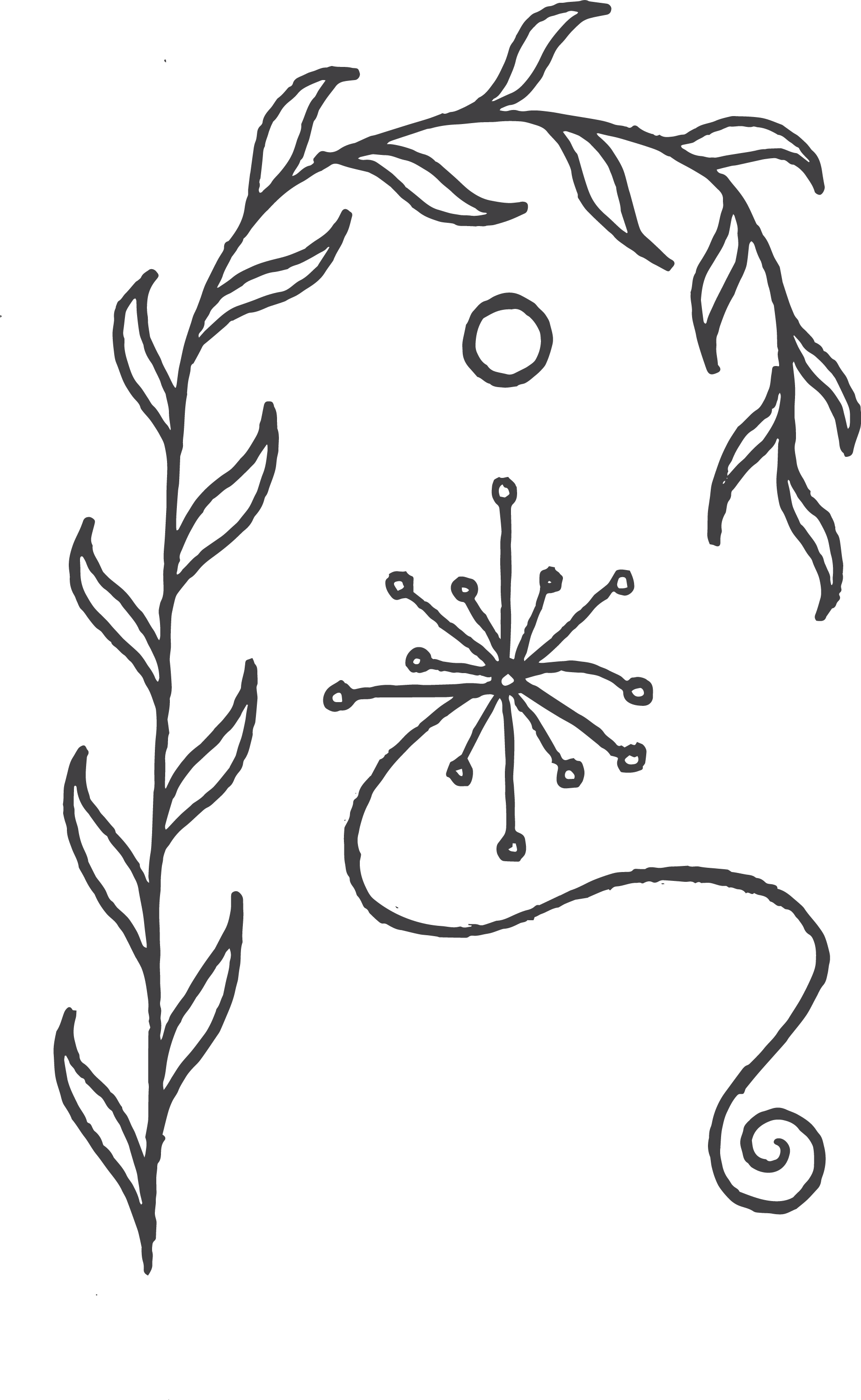 Line drawn logo of Embers Massage without text, with willow branch, ember motif and full moon