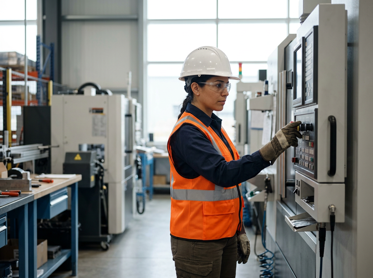 Mujer en uniforme de seguridad con casco y guantes, operando una máquina en taller industrial con herramientas y equipo