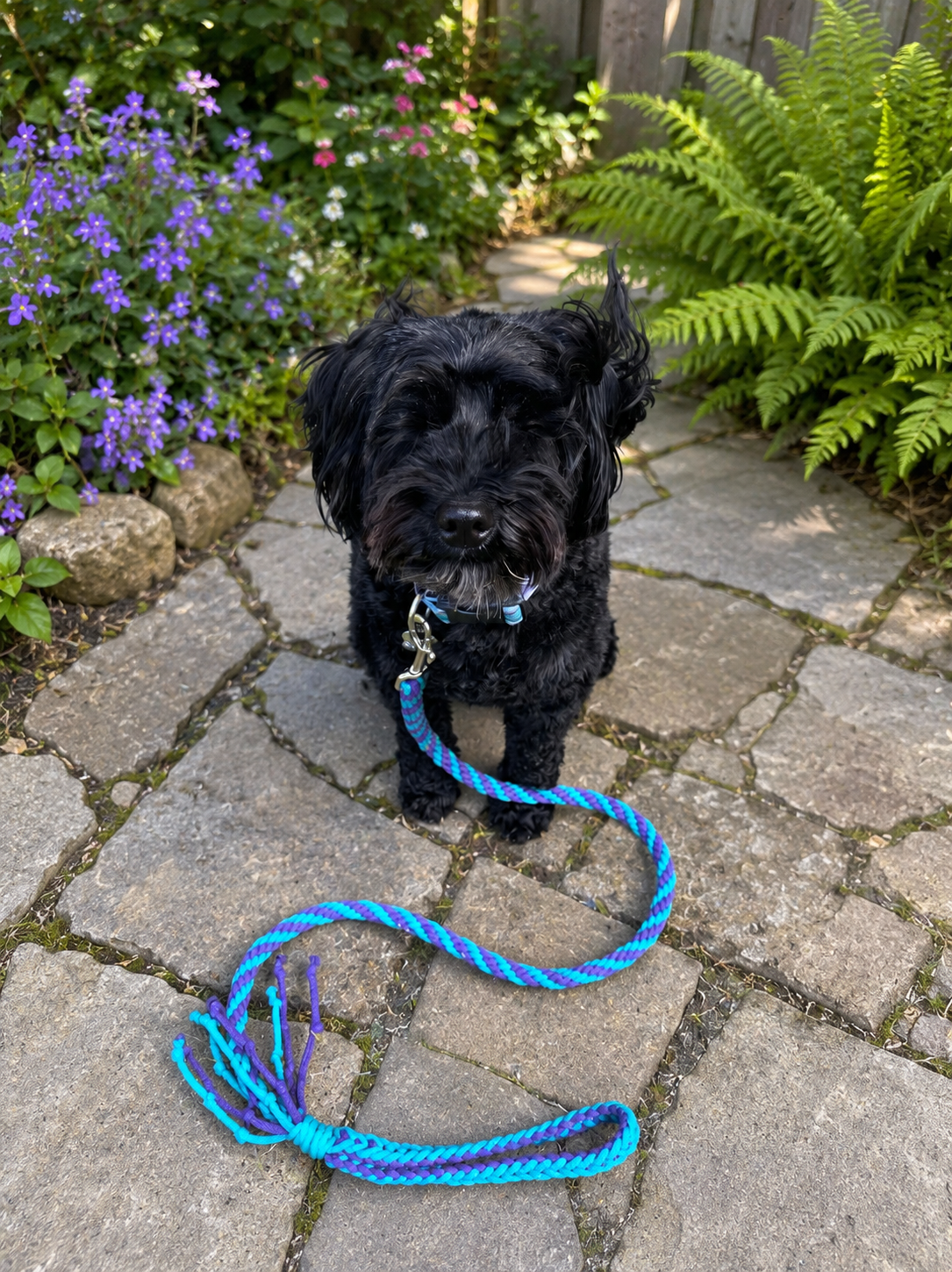 A small black dog with curly fur standing on a stone pathway in a garden, with purple flowers and green ferns in the background, attached to a blue and purple leash.