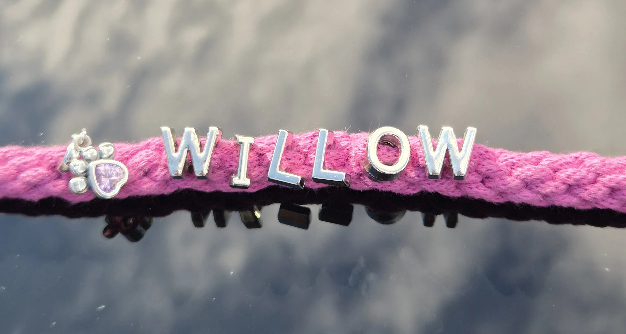 A pink dog lead with silver letters spelling 'WILLOW' and a decorative charm with purple crystal accents.