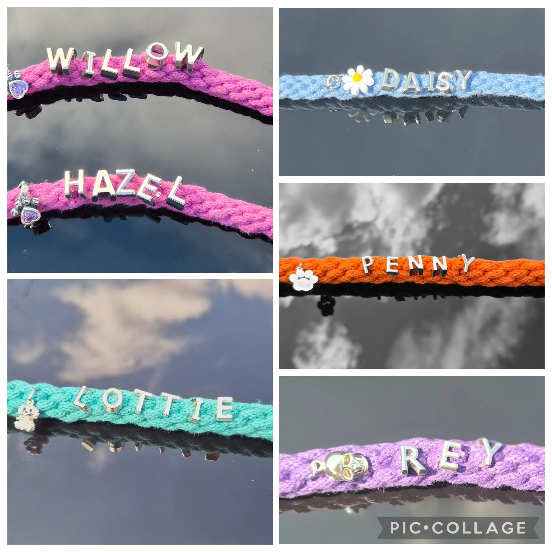 Collage of five colourful woven dog leads with silver letter charms spelling names: Willow, Hazel, Lottie, Daisy, and Penney, each lead featuring small decorative charms and a different vibrant colour.