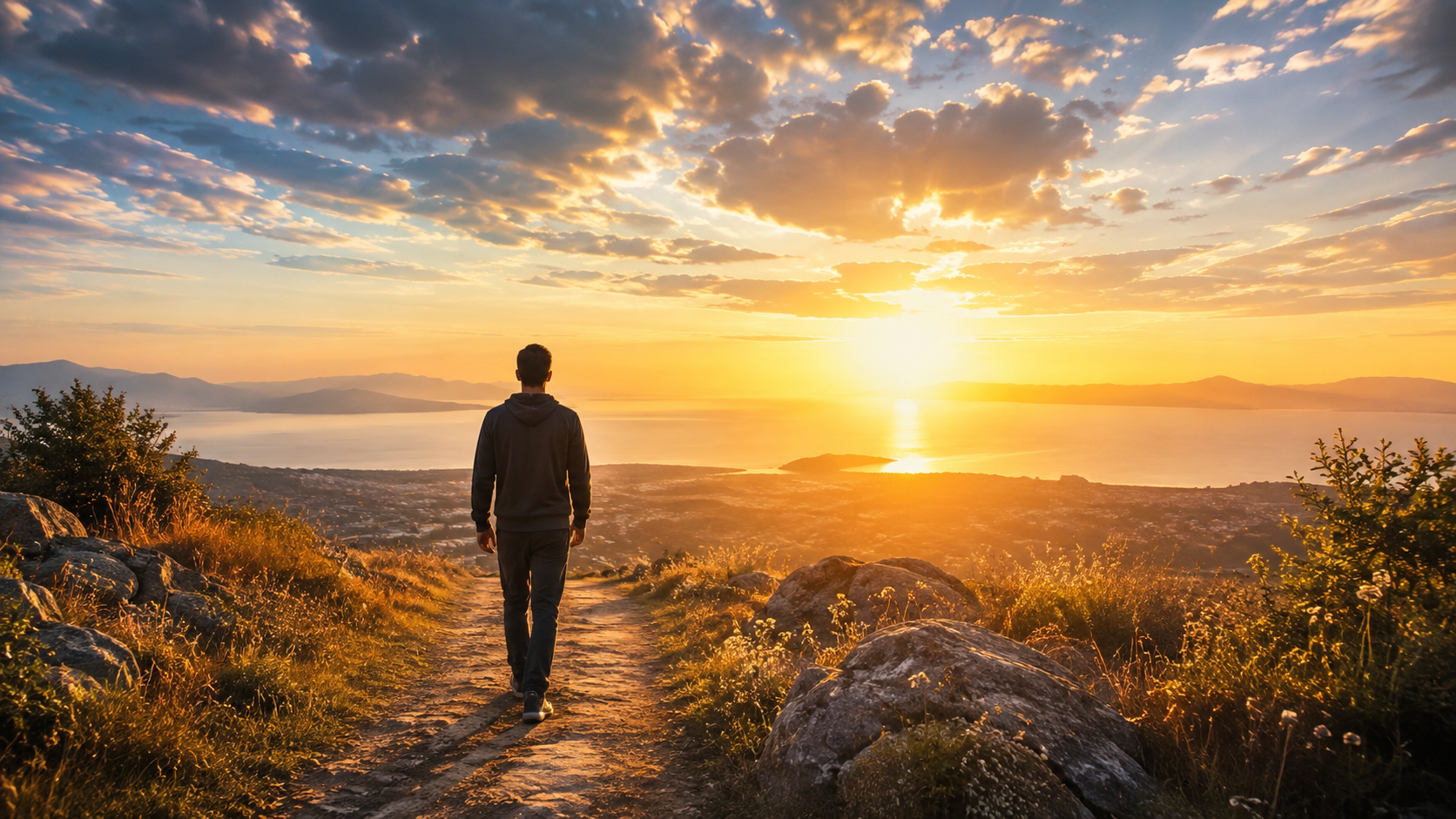 A person walking on a dirt trail during sunset overlooking a city, water, and mountains with clouds in the sky.