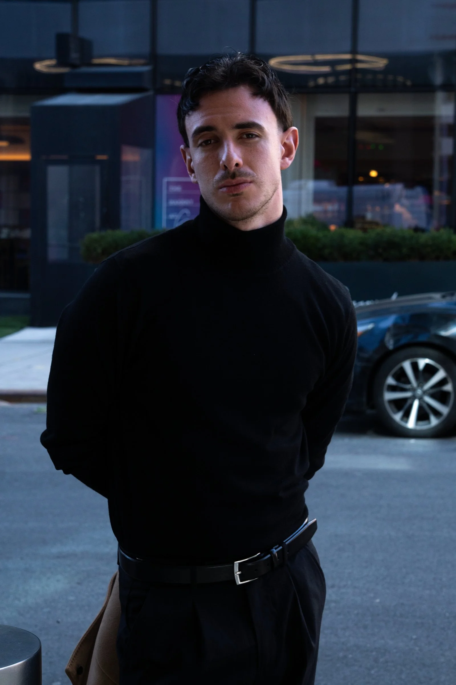 outdoor portrait, hands behind