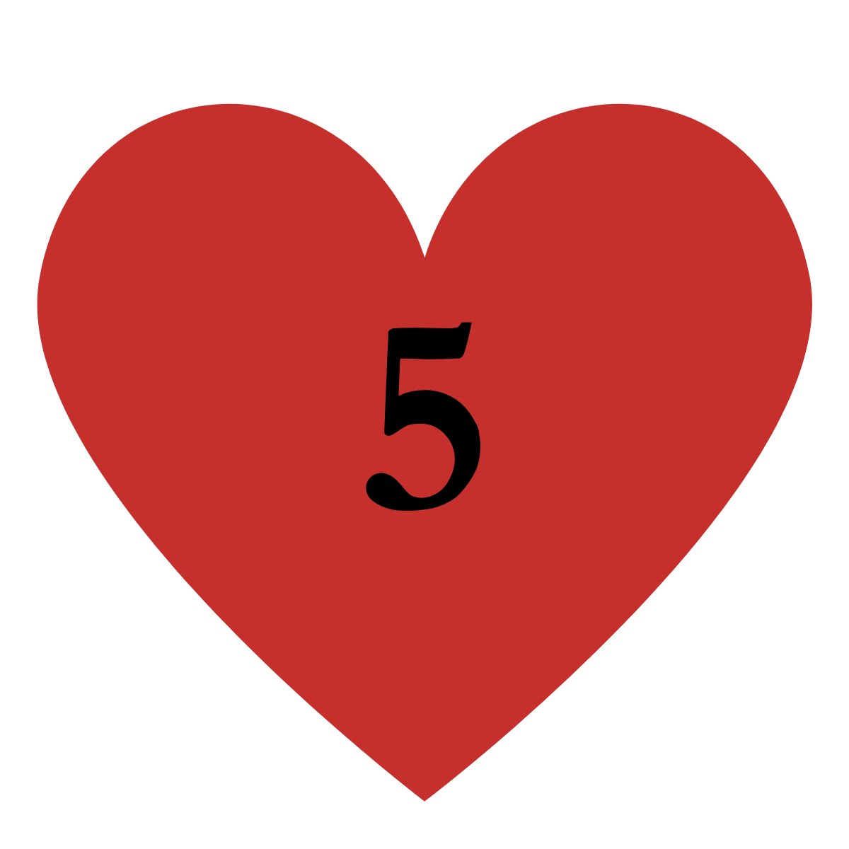 Red heart with the number 5 in black in the center.