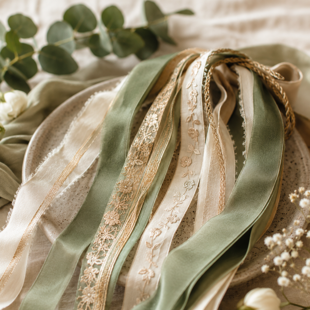 A collection of decorative ribbons in green, cream, gold, and beige with floral embroidery and intricate designs, arranged on a plate with surrounding greenery and small white flowers.
