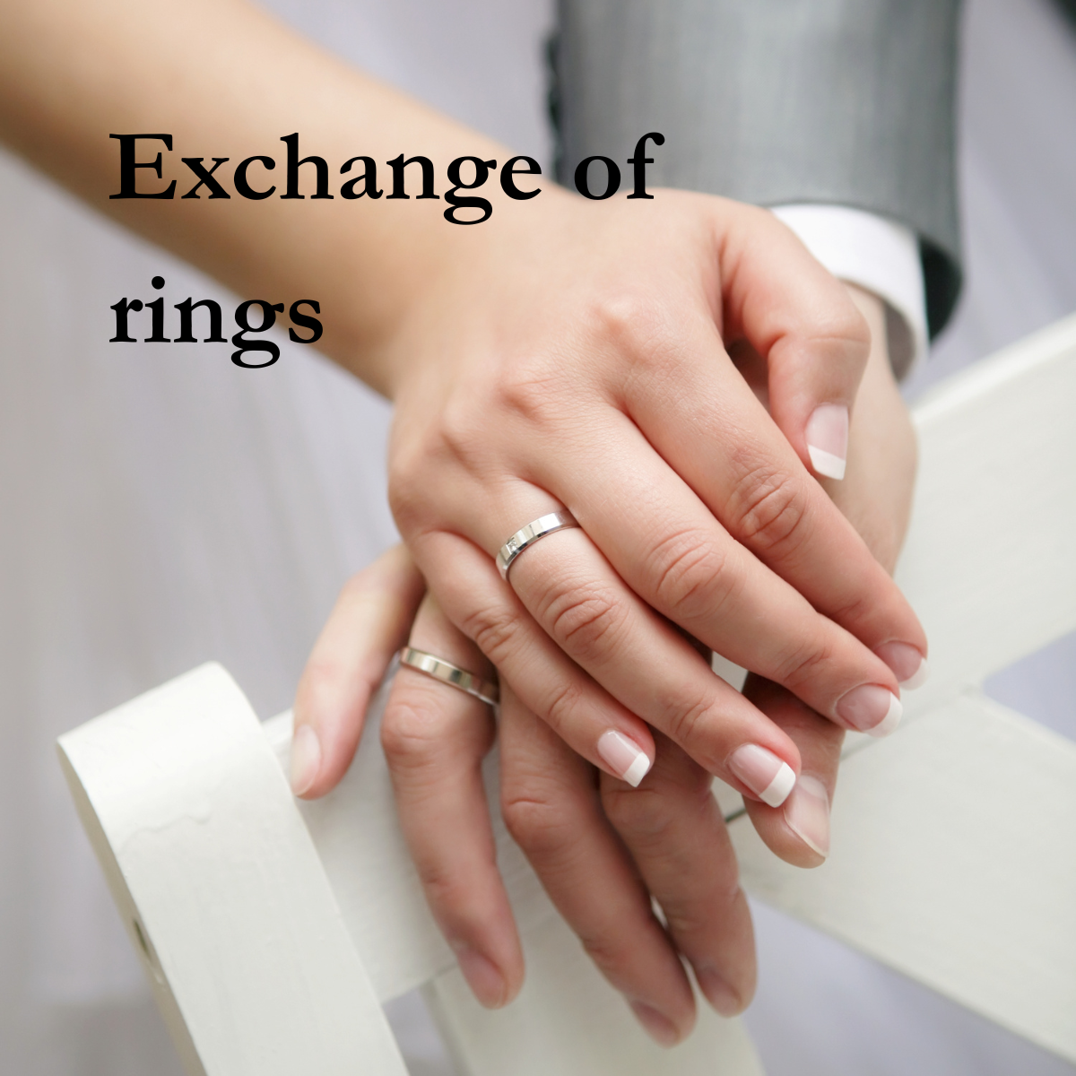Close-up of two hands exchanging wedding rings, with the text "Exchange of rings" overlaid.