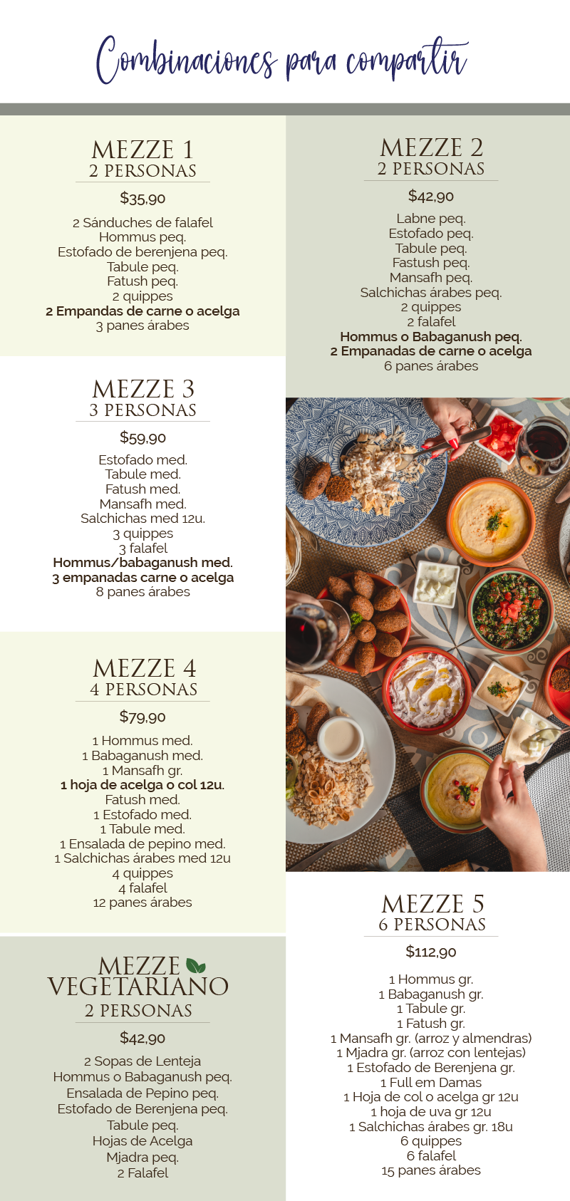 Opciones de platos principales y especialidades de la cocina libanesa en el menú de Baalbek Quito.
