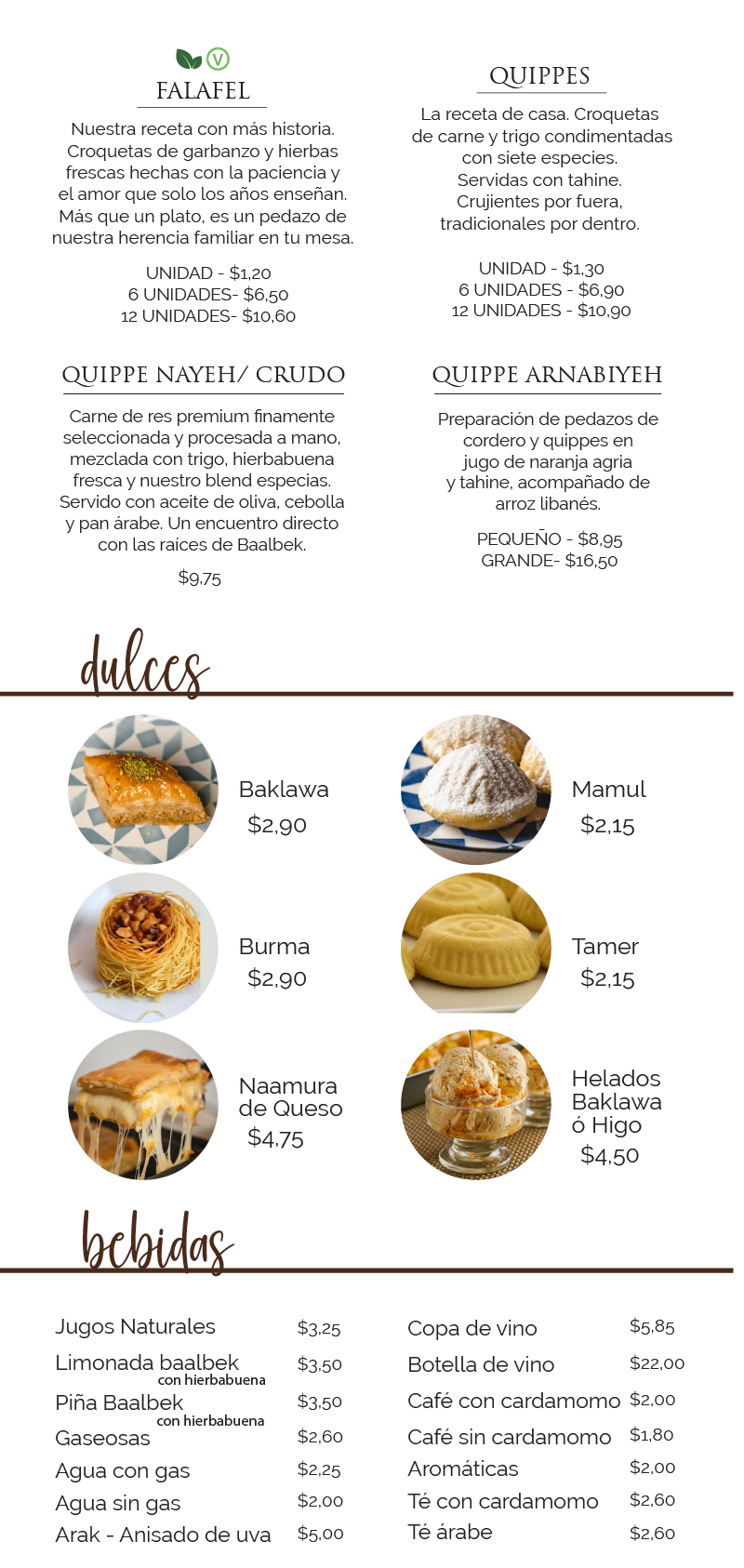 Menú de postres tradicionales libaneses con baklawa, burma y mamul en Baalbek Quito.