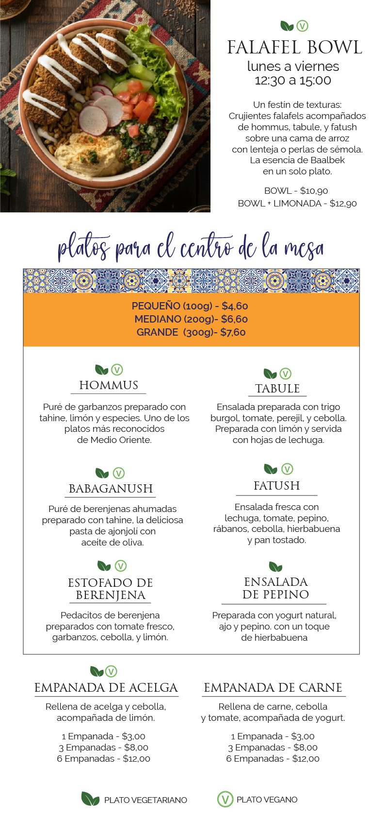 Sección del menú con opciones vegetarianas, falafel bowls y platos árabes en Baalbek Quito.
