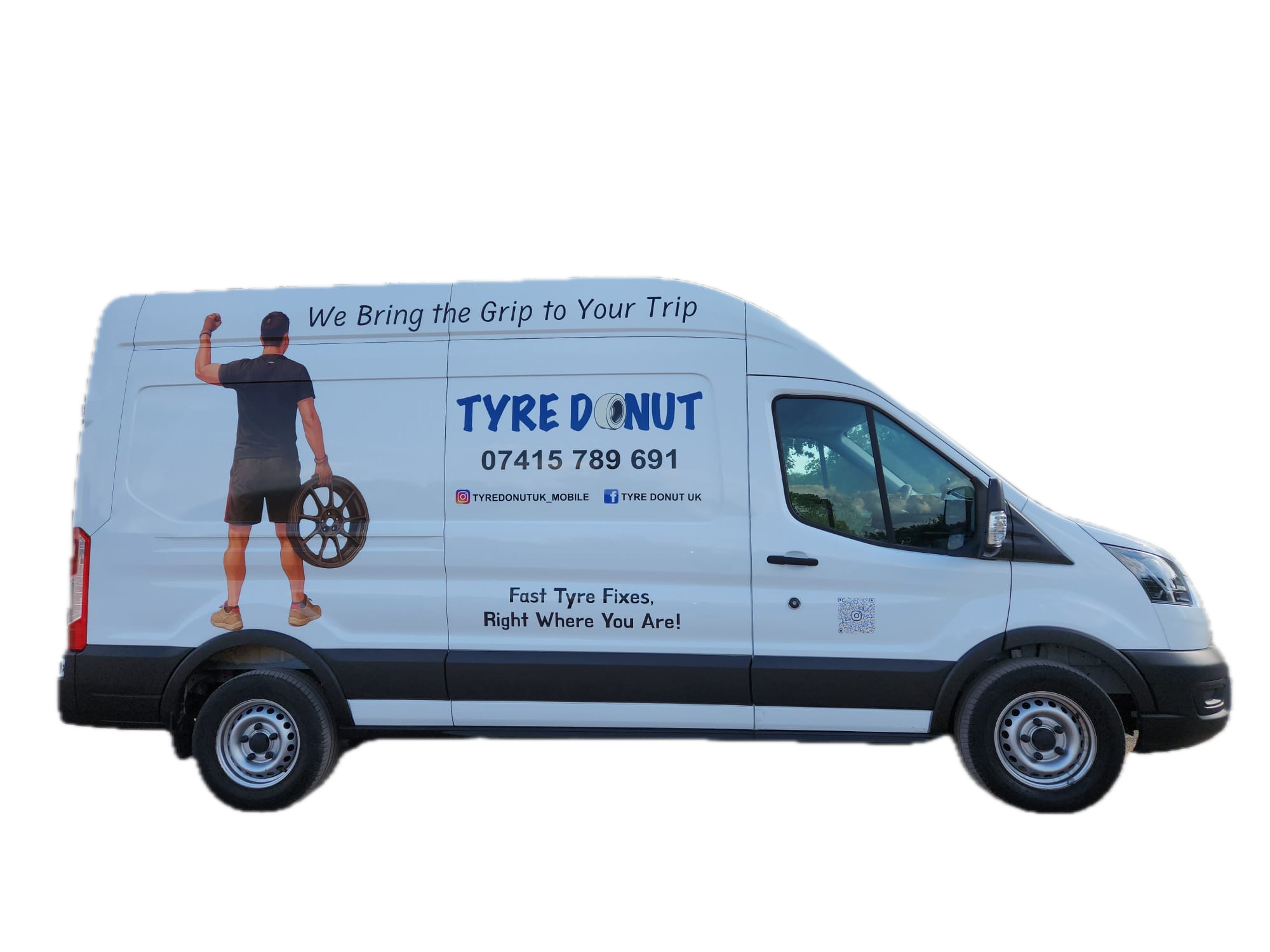 A white delivery van for Tyre Donut with a graphic of a man holding a tire and text that says "We Bring the Grip to Your Trip", the phone number 07415 789 691, and social media links.