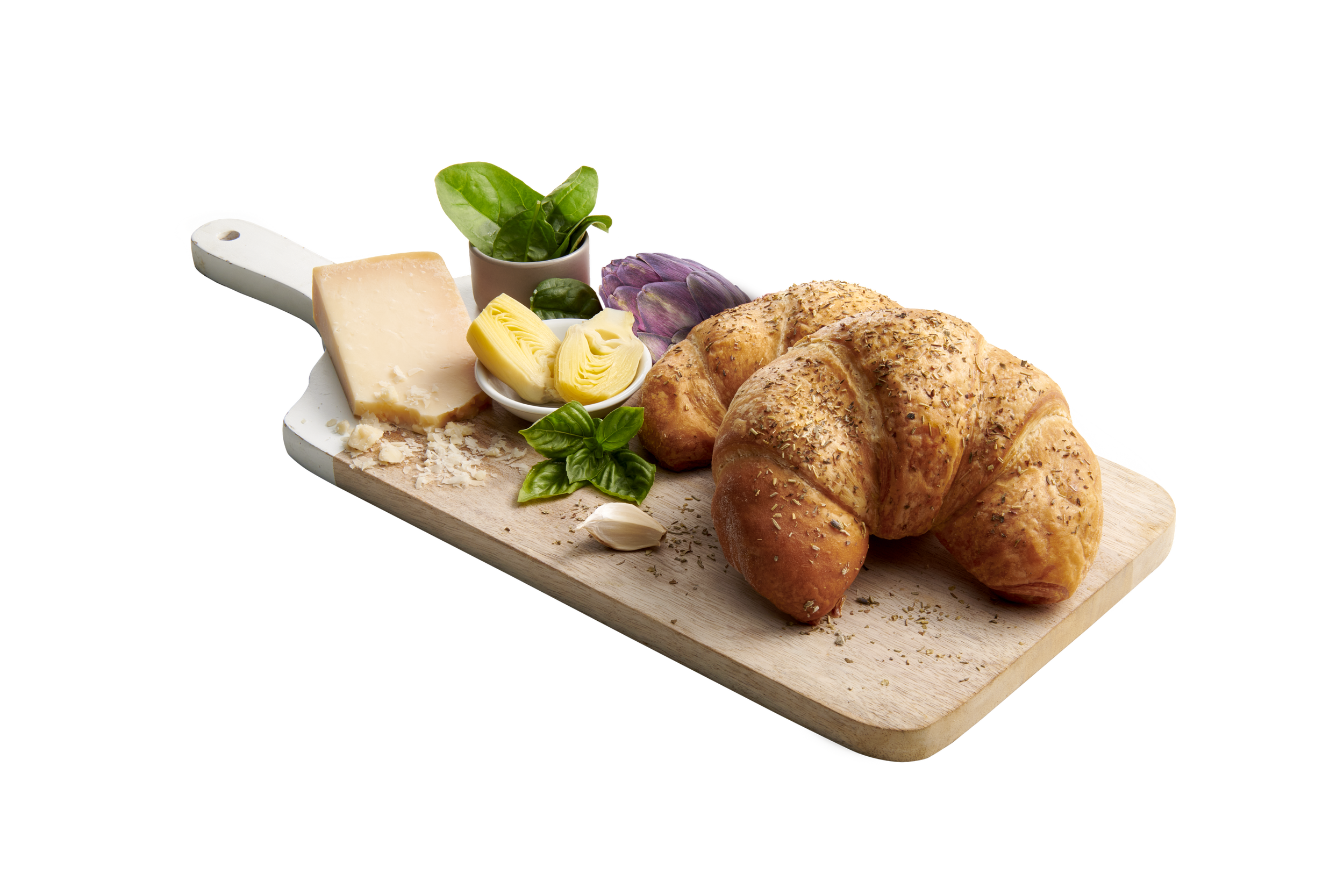 Two croissants on a white cutting board with garlic, cheese and herbs.