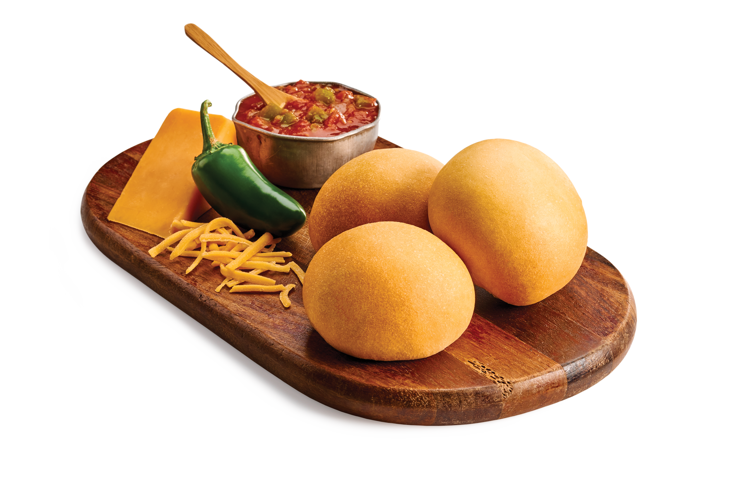 Three kolaches on a wooden serving platter with jalapeno, cheese and salsa.