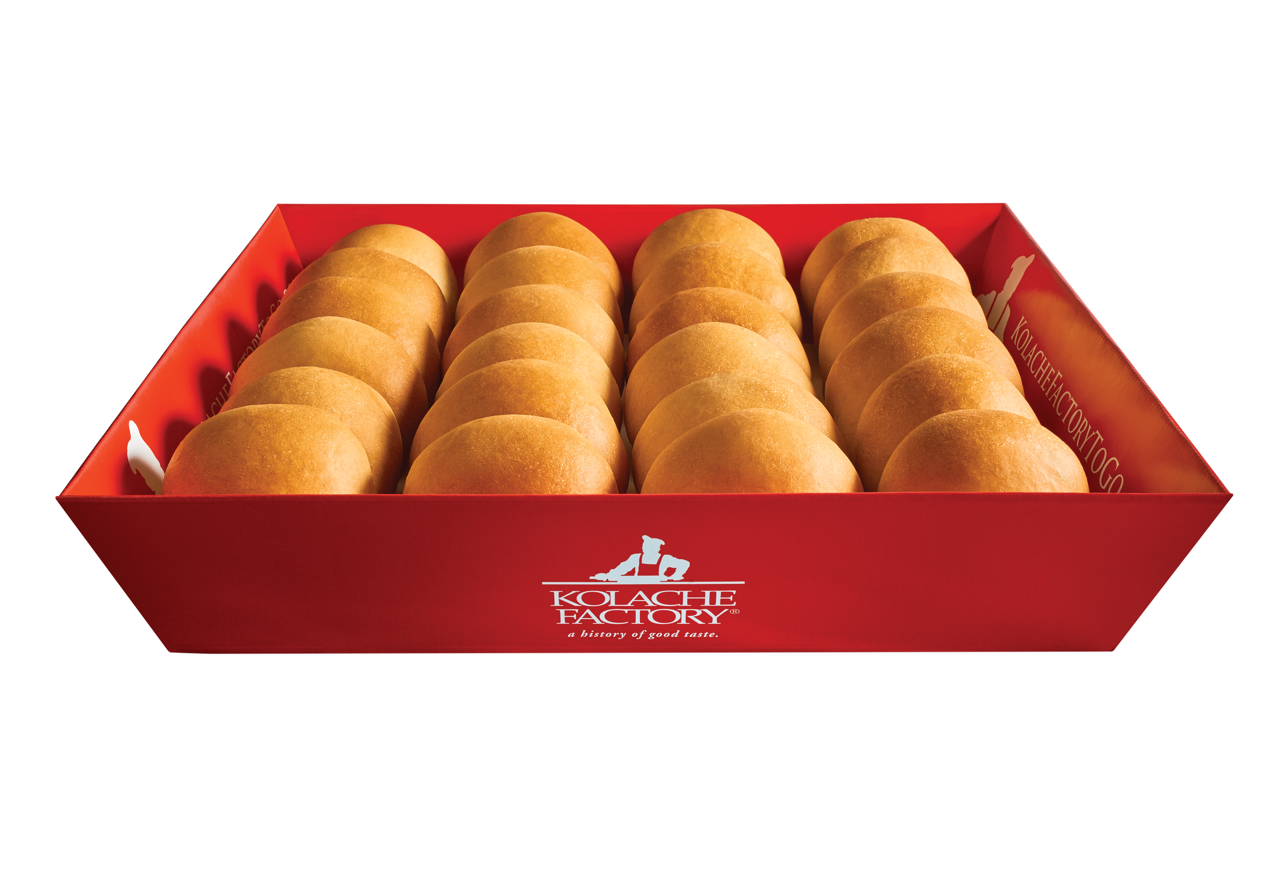 A red box containing uniformly shaped golden-brown cookies with rounded tops, labeled 'Kolache Factory' with the tagline 'a history of good taste'.